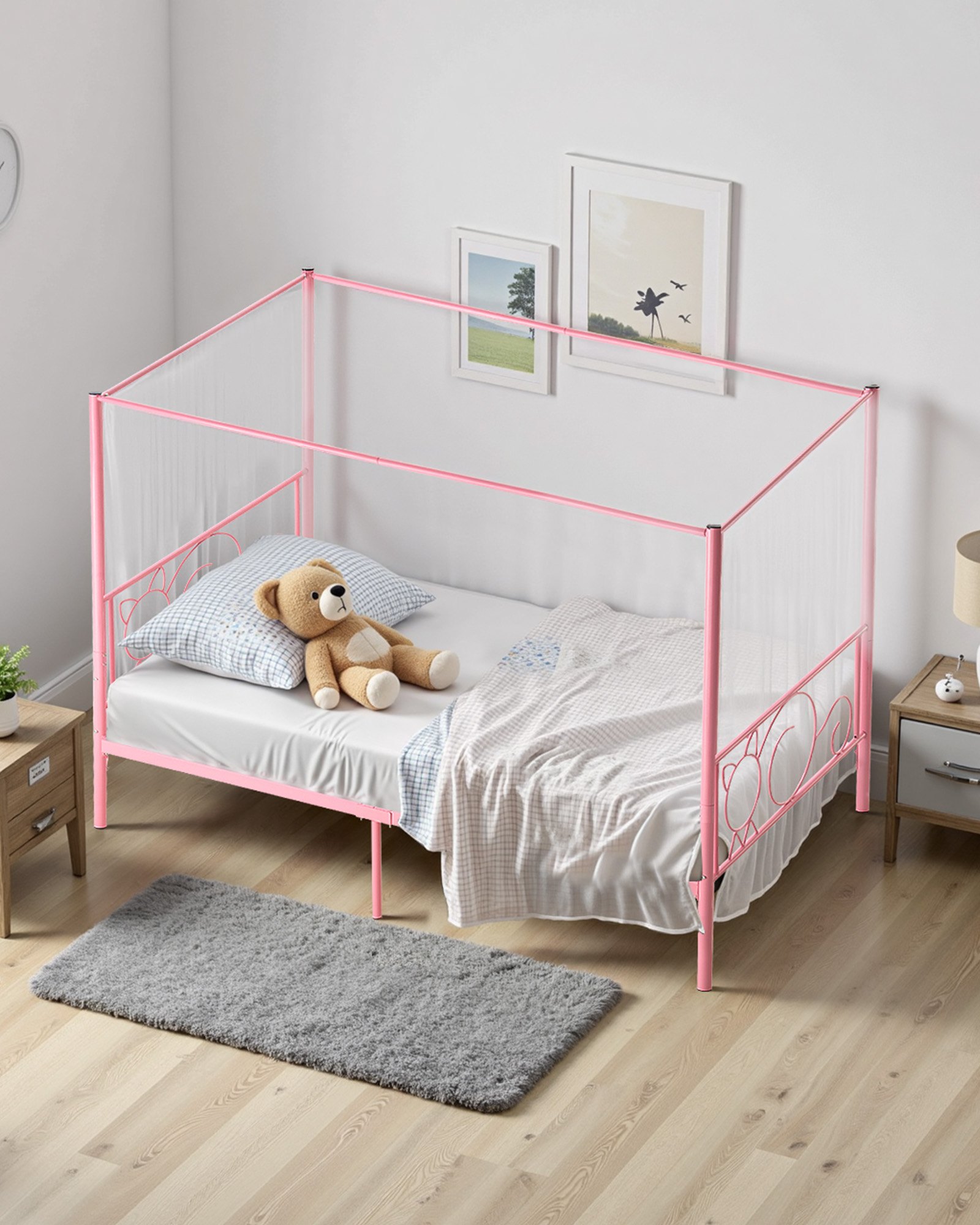 Cama con dosel tamaño Twin, estructura de metal, cabecero minimalista