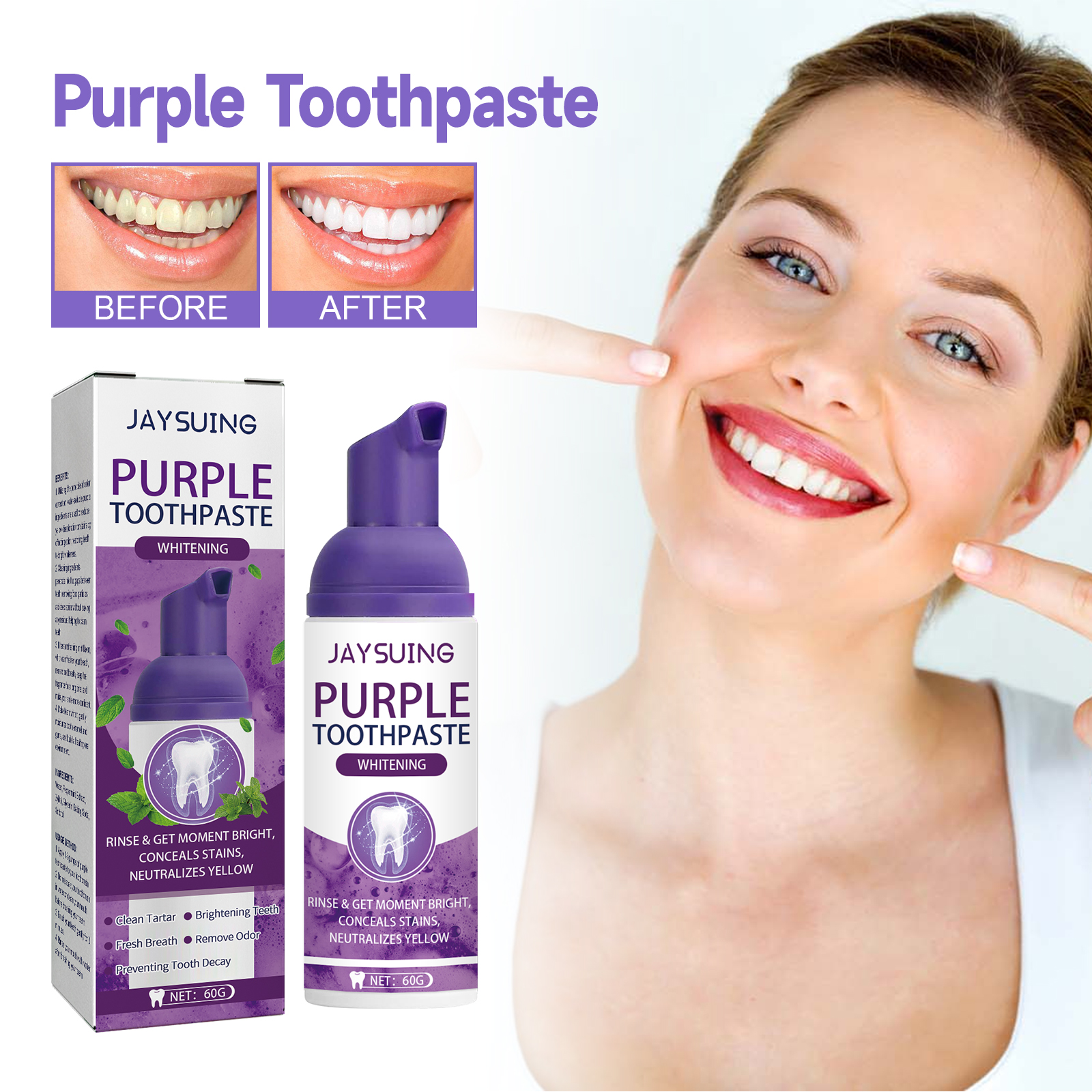 Jaysuing Purple Tooth Whitening Toothpaste, Brightens Teeth Cleans Stains And Relieves Bad Breath Beautiful Teeth Toothpaste
