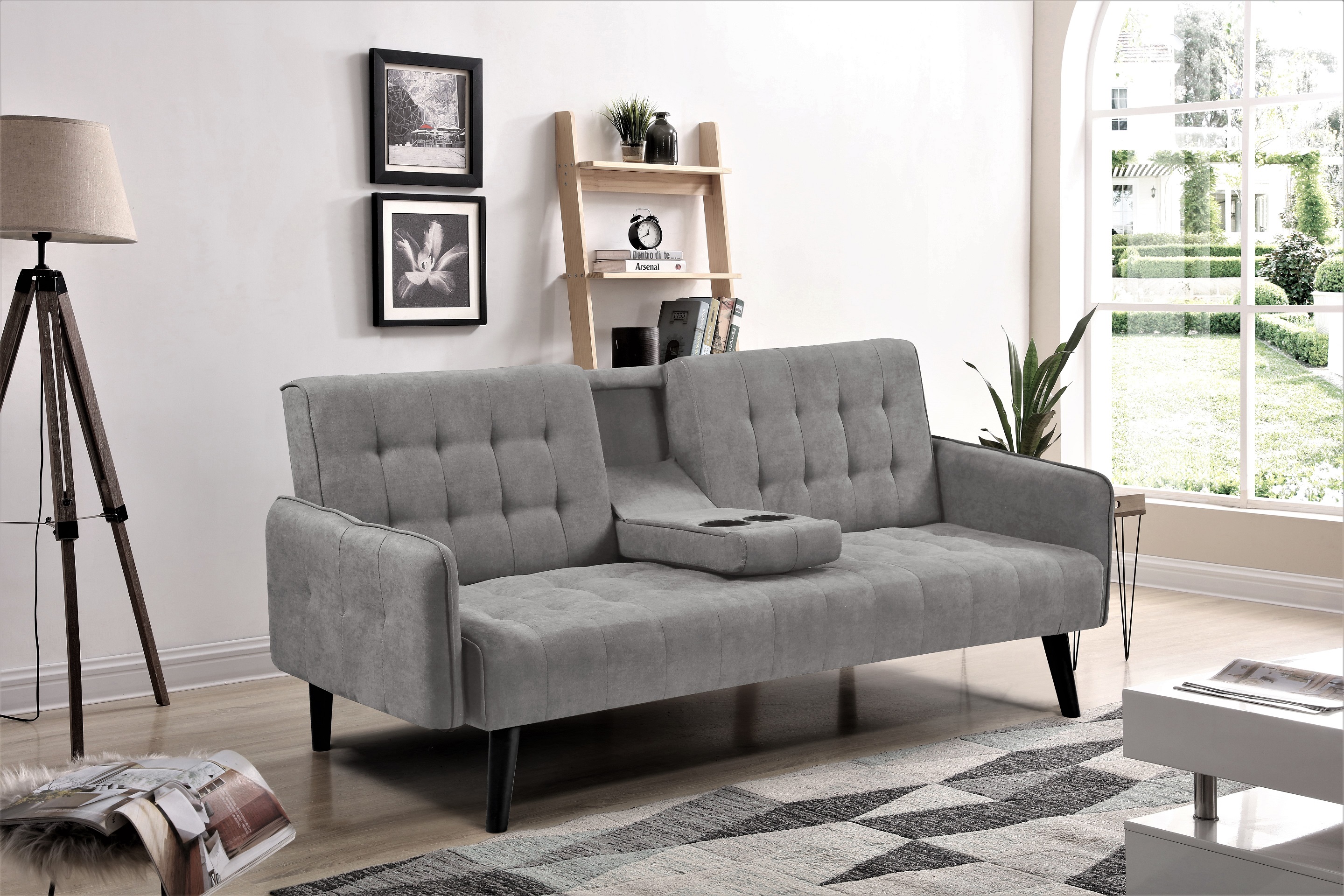 72   Sleeper Sofa Bed - Convertible Folding Backrest To Full Bed With Cup Holder & Drop-Down Table - Space Saving Linen Sofa For Small Spaces - Easy Assembly, Grey