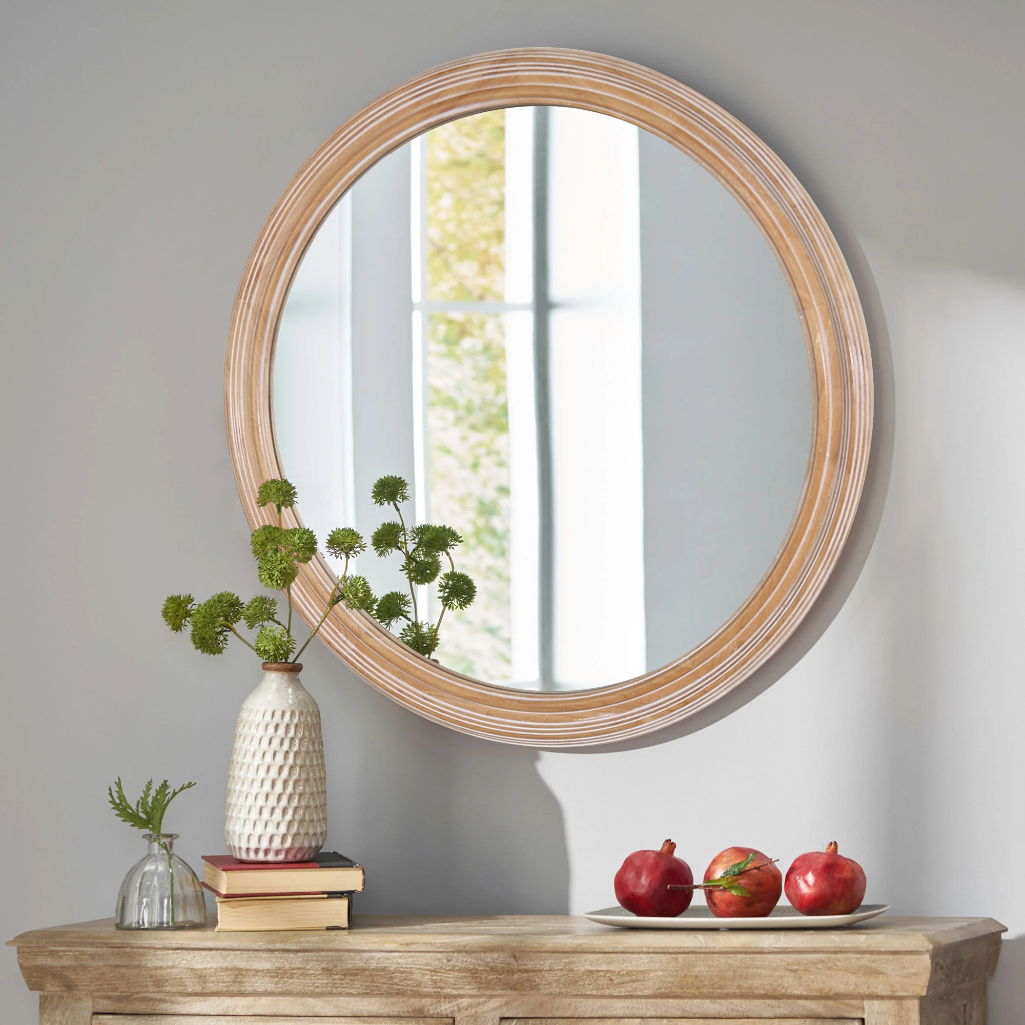 27.5 Inches Round Wall Mirror For Bathroom Vanity, Wooden Farmhouse Circle Mirrors For Bedroom, Entryway, Living Room, Kithen Whitewash Edge Decorative Mirror For Home, Office