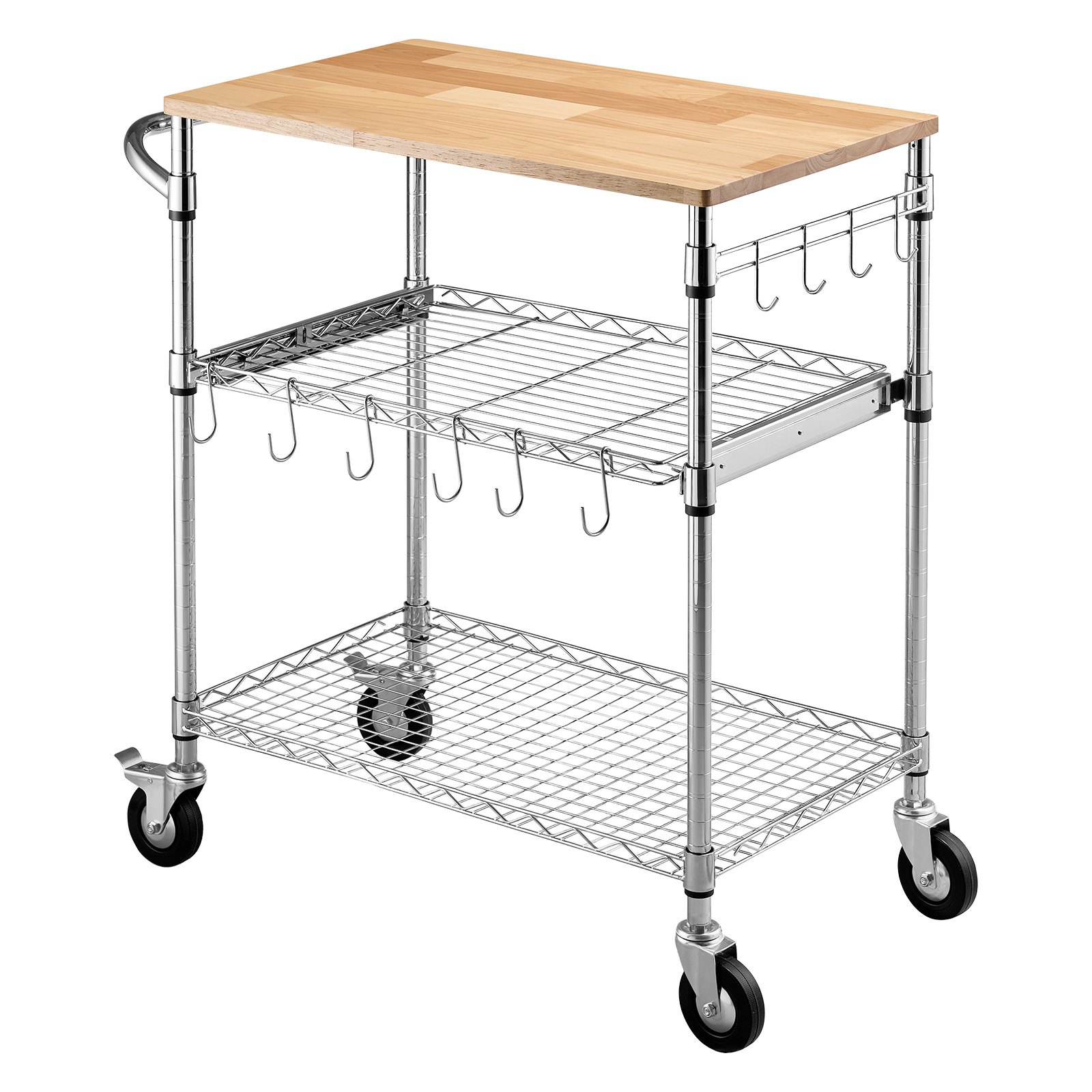 Kitchen Utility Cart, 3 Tier Heavy Duty Adjustable Wire Storage Rack With Wood Tabletop And Handle Bar, Rolling Portable Service Trolley On Wheels, 661 Lbs Steel Work Table, 30x18x36 In