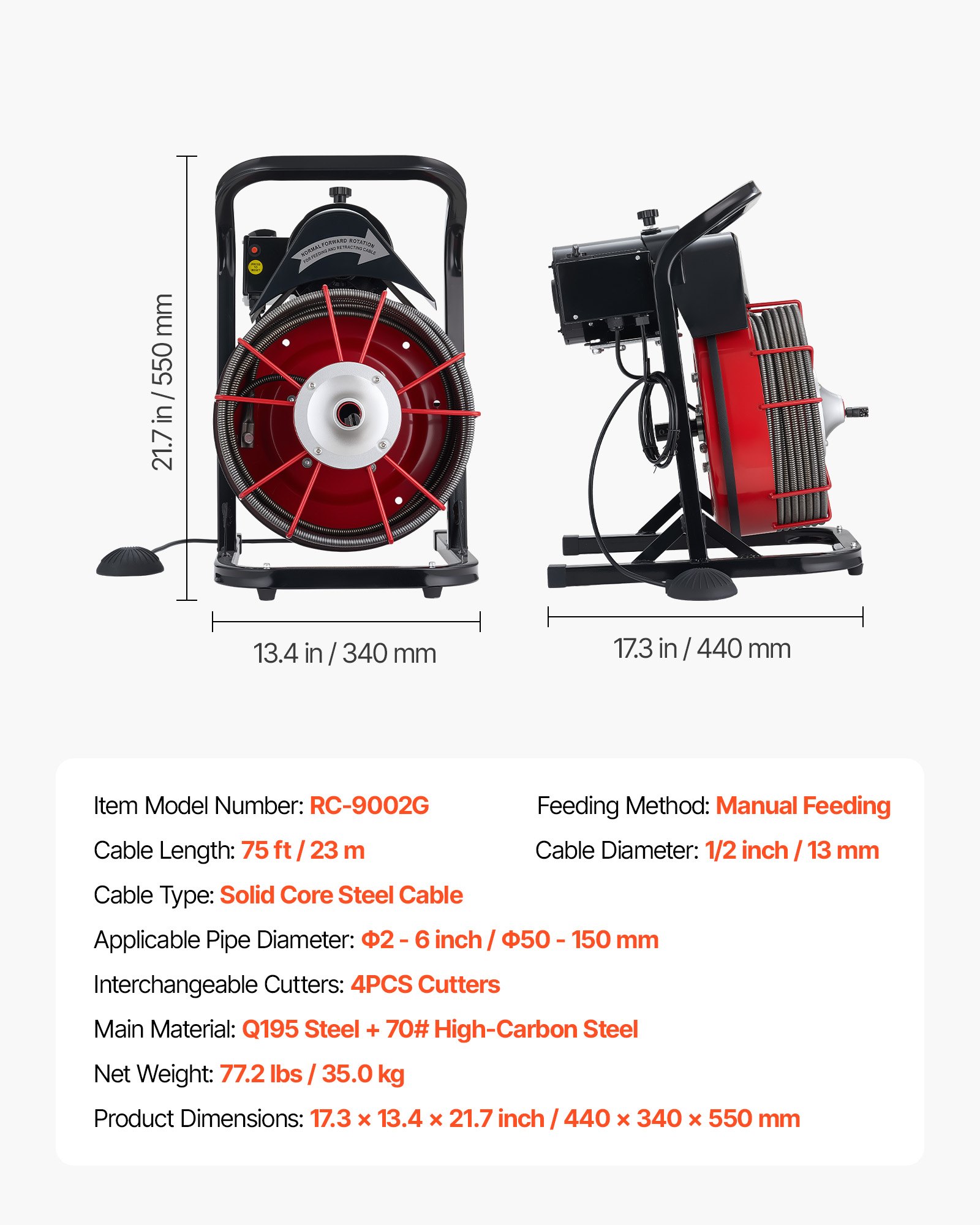 Drain Cleaner Machine 75 FT X 1/2 Inch, Sewer Snake Auger Manual Feed With 4 Cutters & Air-activated Foot Switch For 2" To 6" Pipes