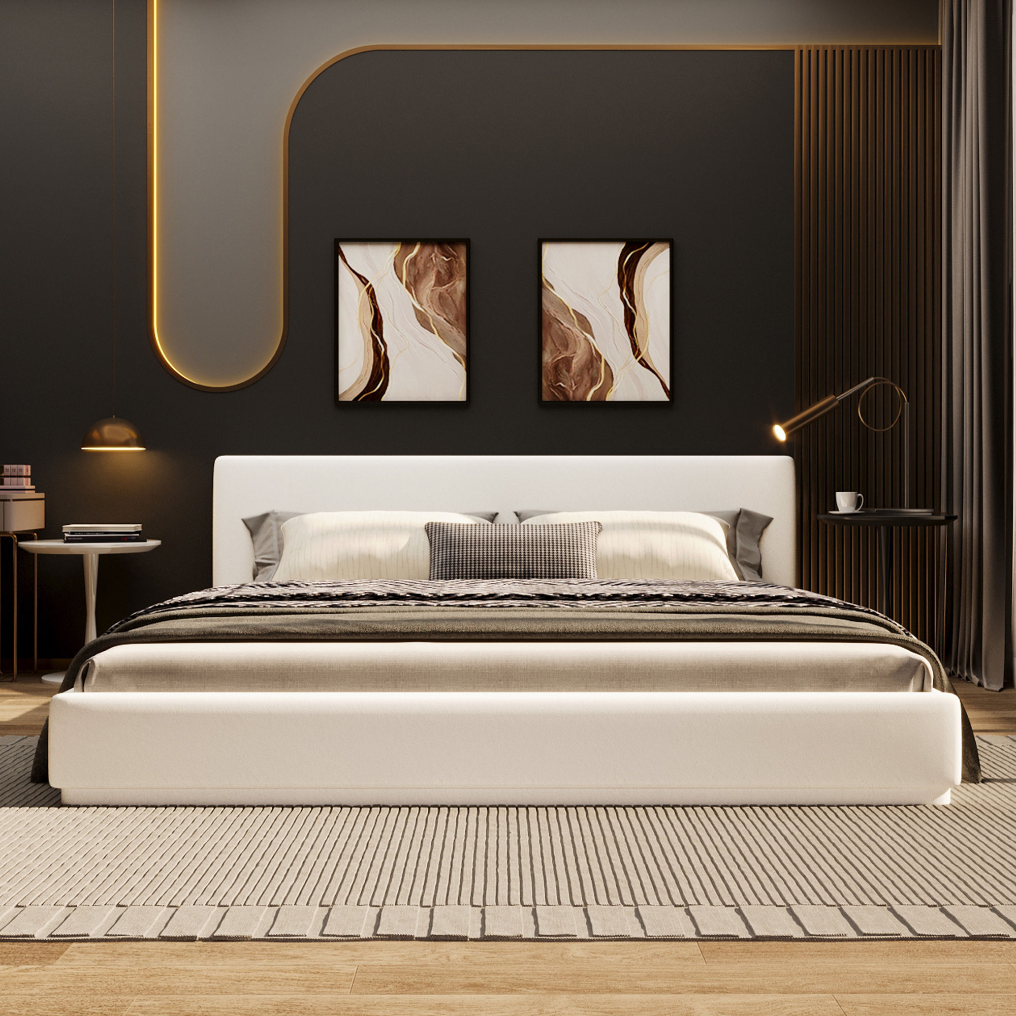 Soft And Comfortable Upholstered Bed. Luxurious And Cozy Bedroom Centerpiece, King Size, White