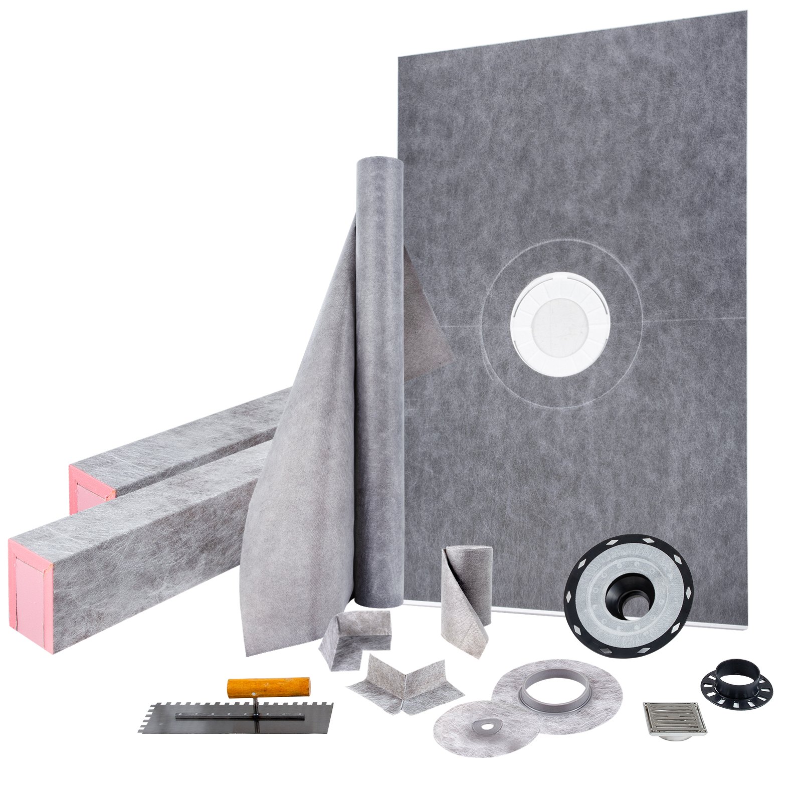 Kit de bordillo de ducha hermético 48x72 pulgadas, con brida PVC y rejilla de 4 pulgadas.