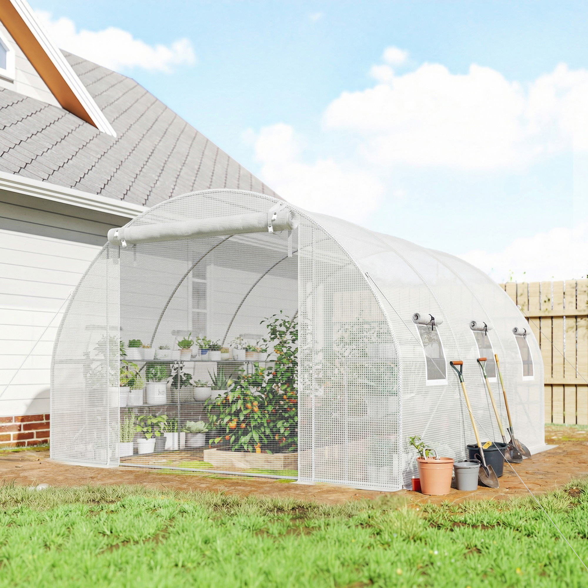 10x11x6 Walk-in Tunnel Greenhouse with Shelves, Mesh Door and Windows, Hoop House Greenhouse with PE Cover, White