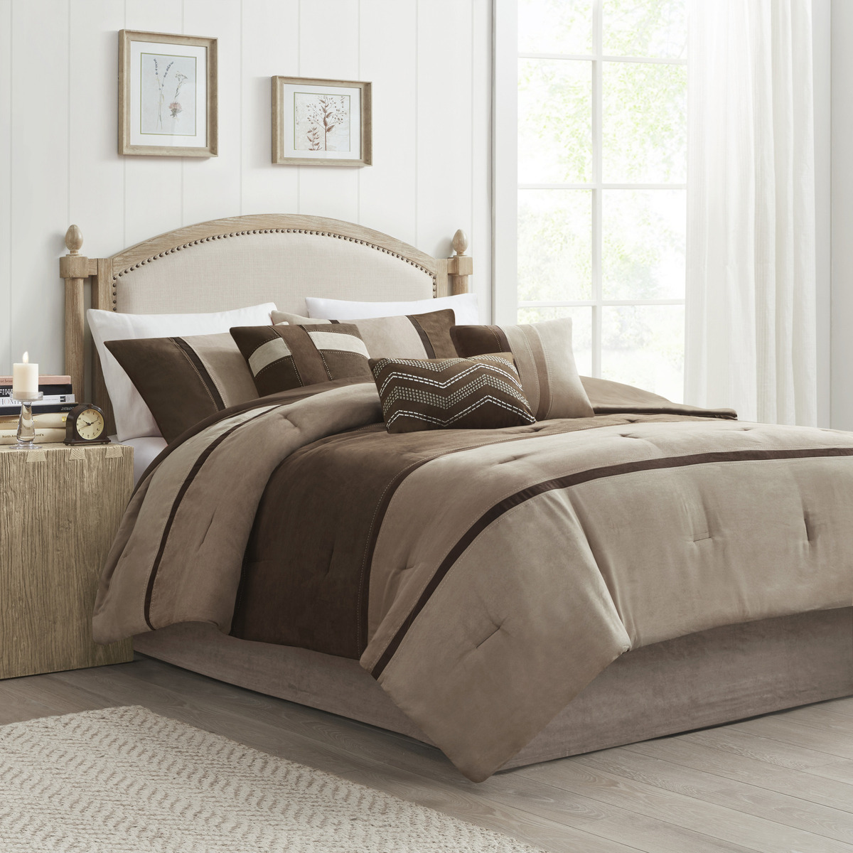 7 Piece Faux Suede Comforter Set Brown King