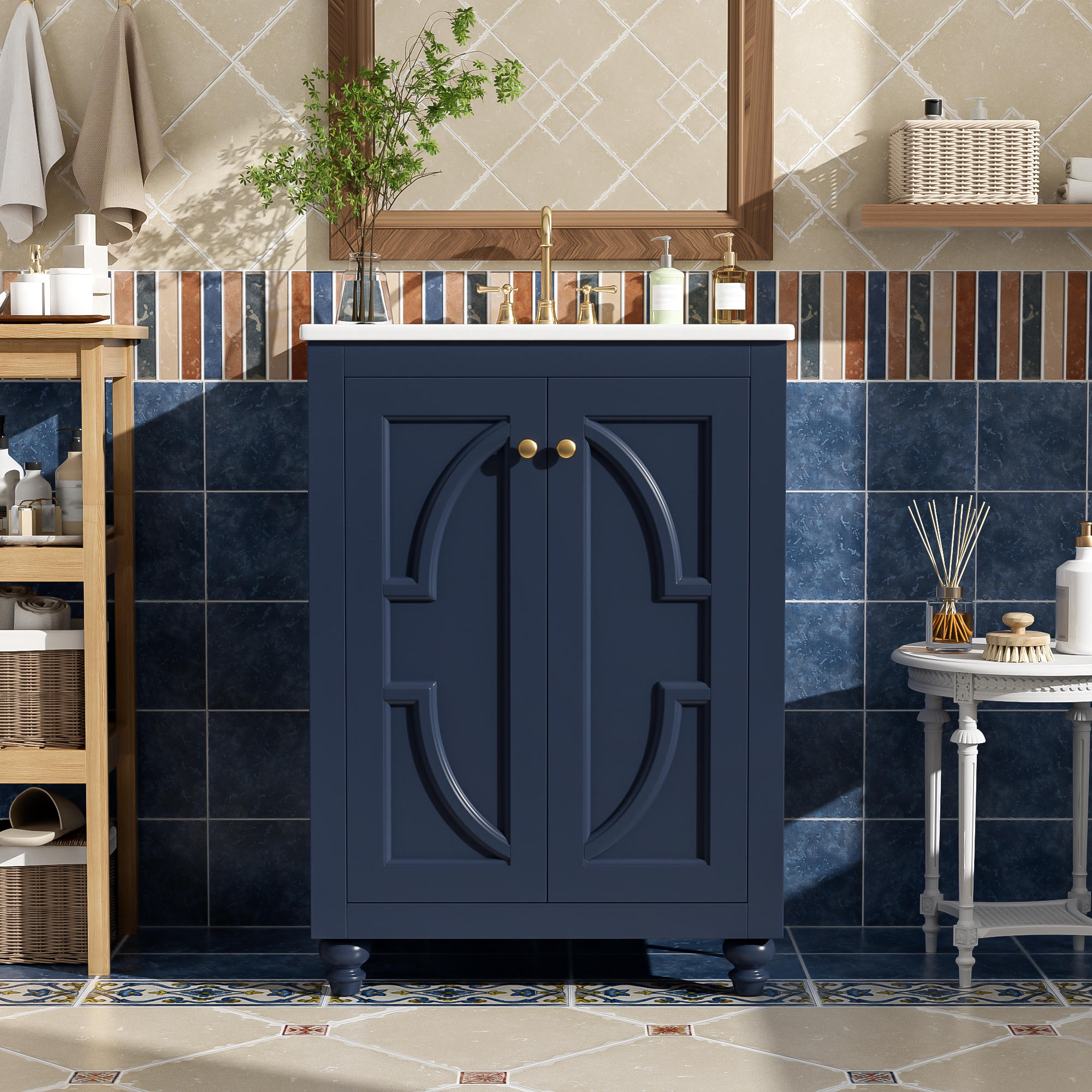 24" Modern Bathroom Vanity with Ornate Elliptical Motif Design & Soft-Close Hinges, Bathroom Cabinet with Back Open Structure, Ball-Turned Legs with French Elegance