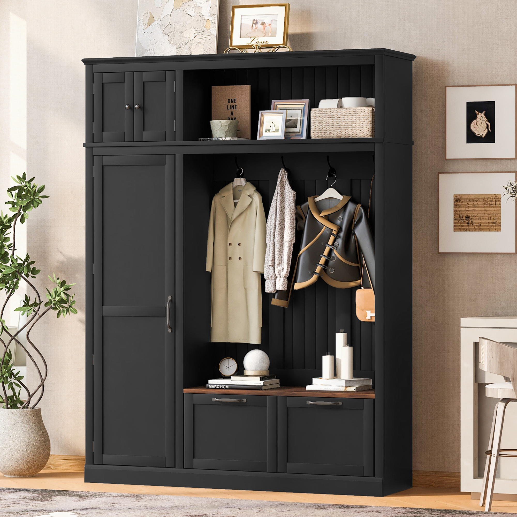 3-in-1 Hall Tree With Overhead Storage Cabinet, 3 Adjustable Side Shelves, 4 Heavy-Duty Hooks, 2 Spacious Drawers, Grooved Back Panel Design, Contrasting Seat Bench, Multifunctional Entryway Organizer