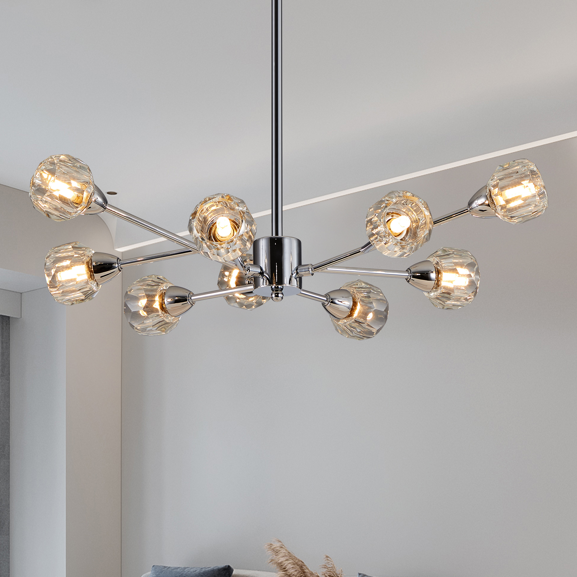 28  Modern Crystal Chandeliers, 9 Lights Chrome Chandelier For Living Room Bedroom, Dining Room Chandelier Over Table, Kitchen Light Fixtures Bulbs Not Included
