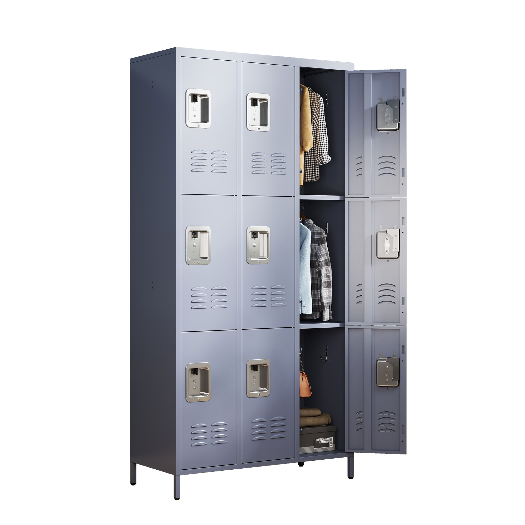 Taquillas metálicas de 9 puertas, 72 pulgadas de alto, con cerradura, gris