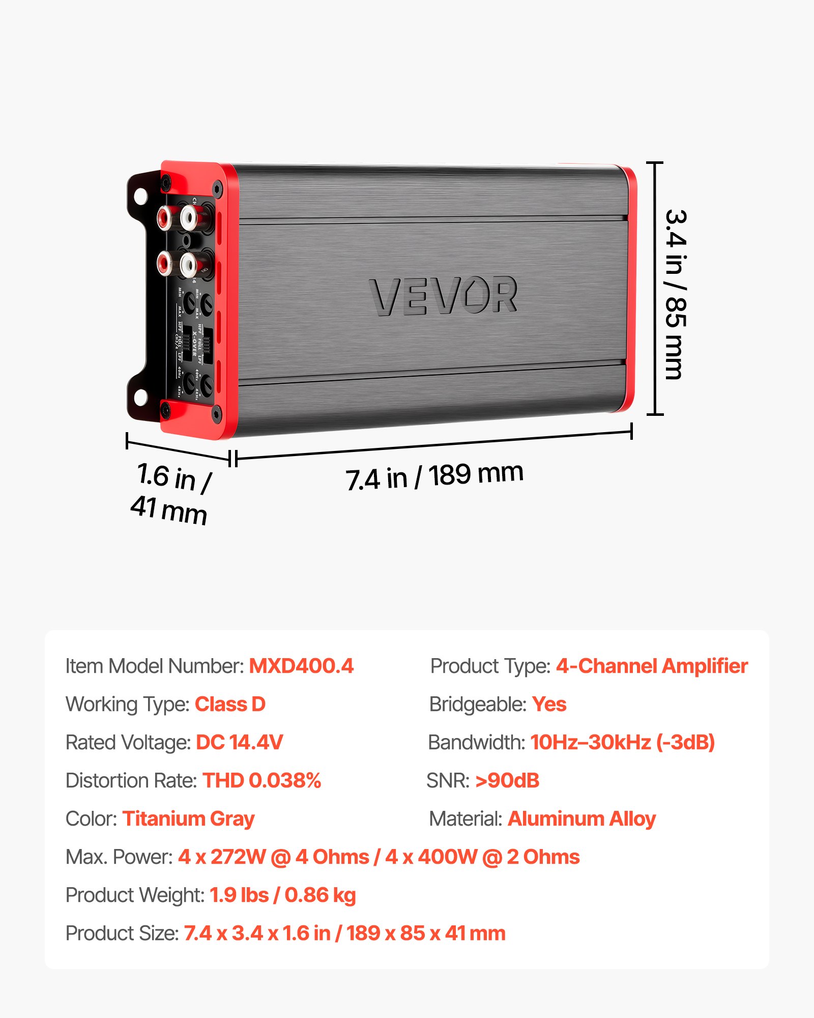 Amplificador de audio para auto de 4 canales, Clase D, 2 Ohm estable, rango completo.