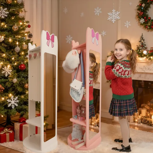 Pink, Bow-themed, MDF (medium-density Fiberboard) Painted Finish, 1-door, 1-shelf, Rotatable Base, Children's Jewelry Mirror Cabinet
