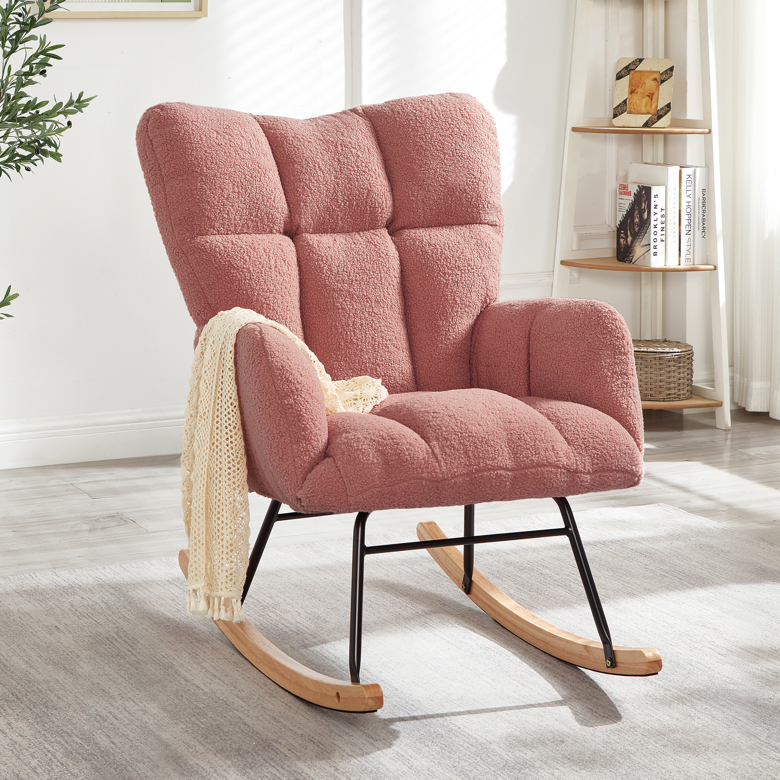 Sillón mecedora planeador de tela Teddy, tapizado con marco de metal, color rosa