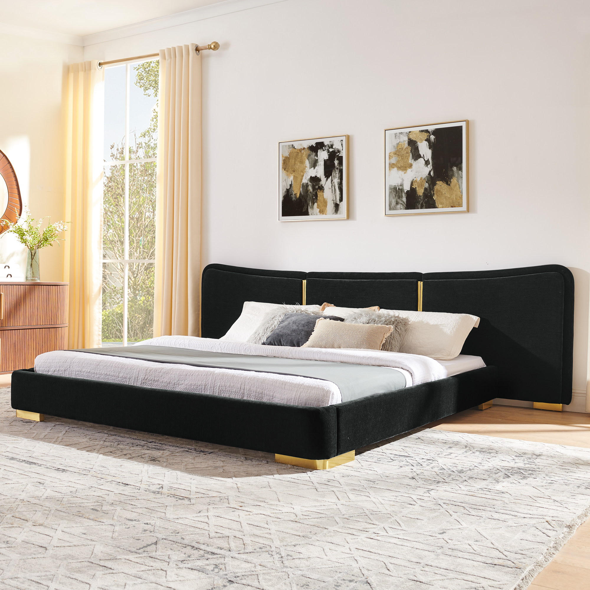 King Size Extra Large Platform Bed, Soft Chenille Fabric Frame, Curved Headboard, Reinforced Electroplated Metal Legs, Flexible DIY Side Space Design-Black