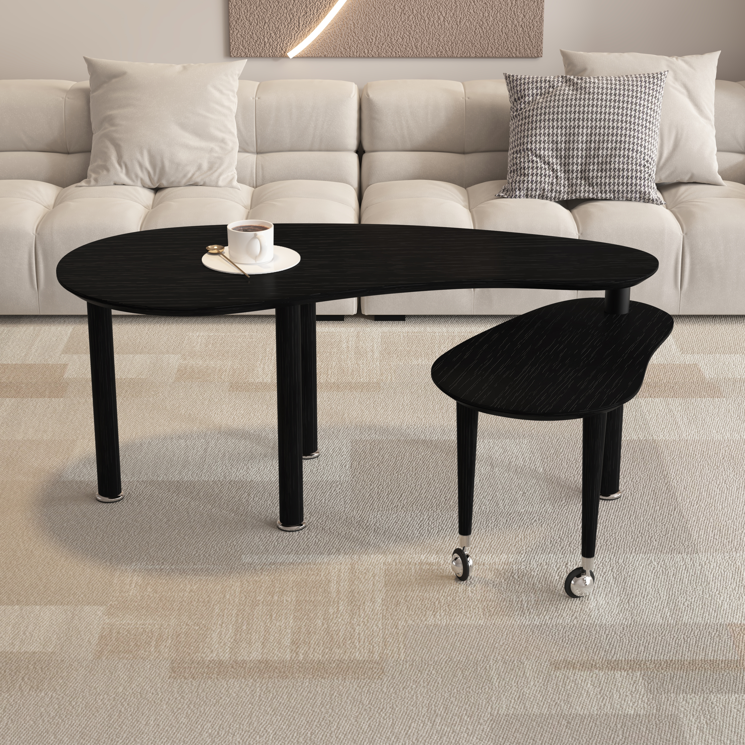 Mesa de centro giratoria 360°, patas de madera maciza, acabado nogal/gris/marrón