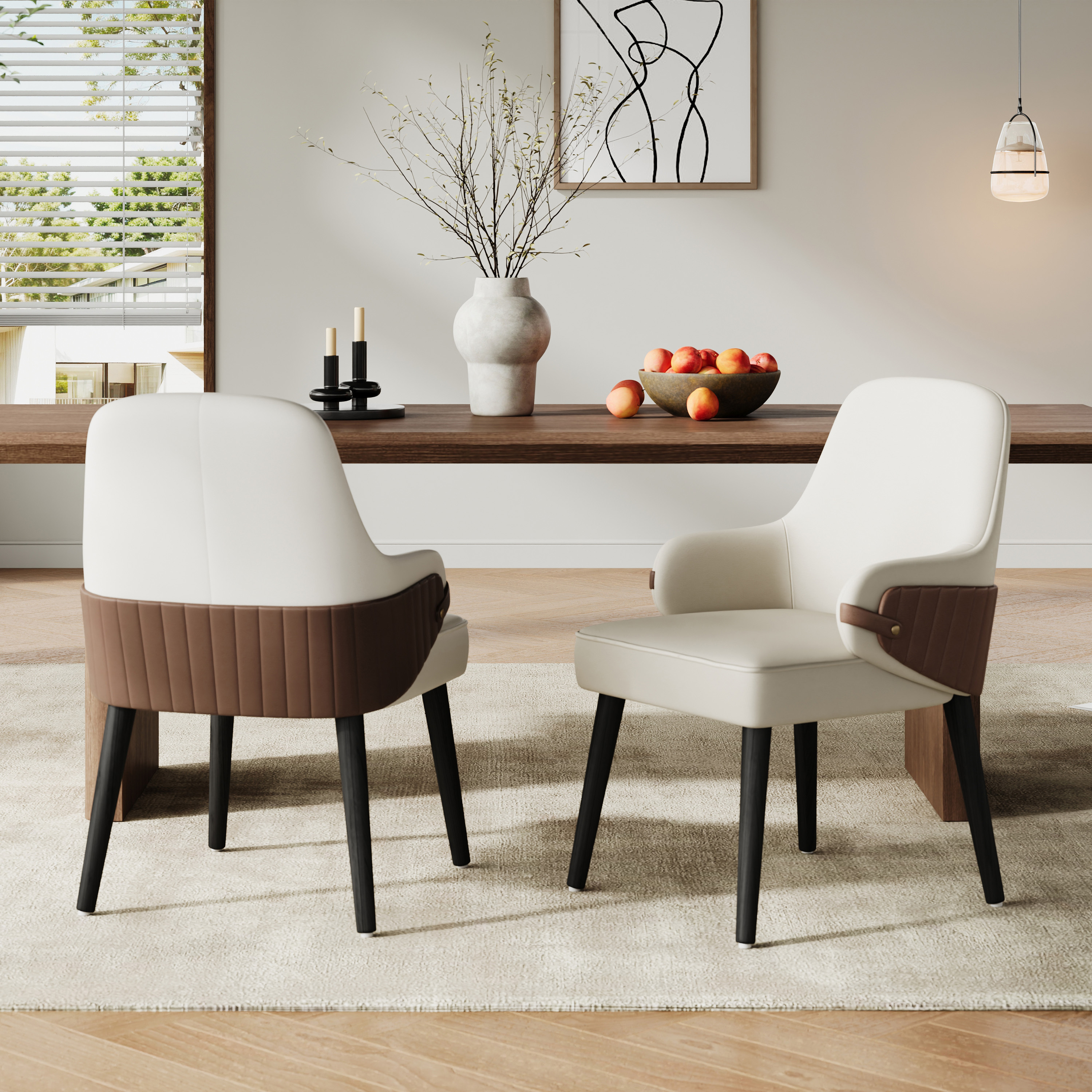 Indoor Dining Chair Set Of 2, Beige & Brown Two-Tone Fabric Armchair With Sturdy Frame, Modern Accent Chair For Dining Room Living Area, 300lbs