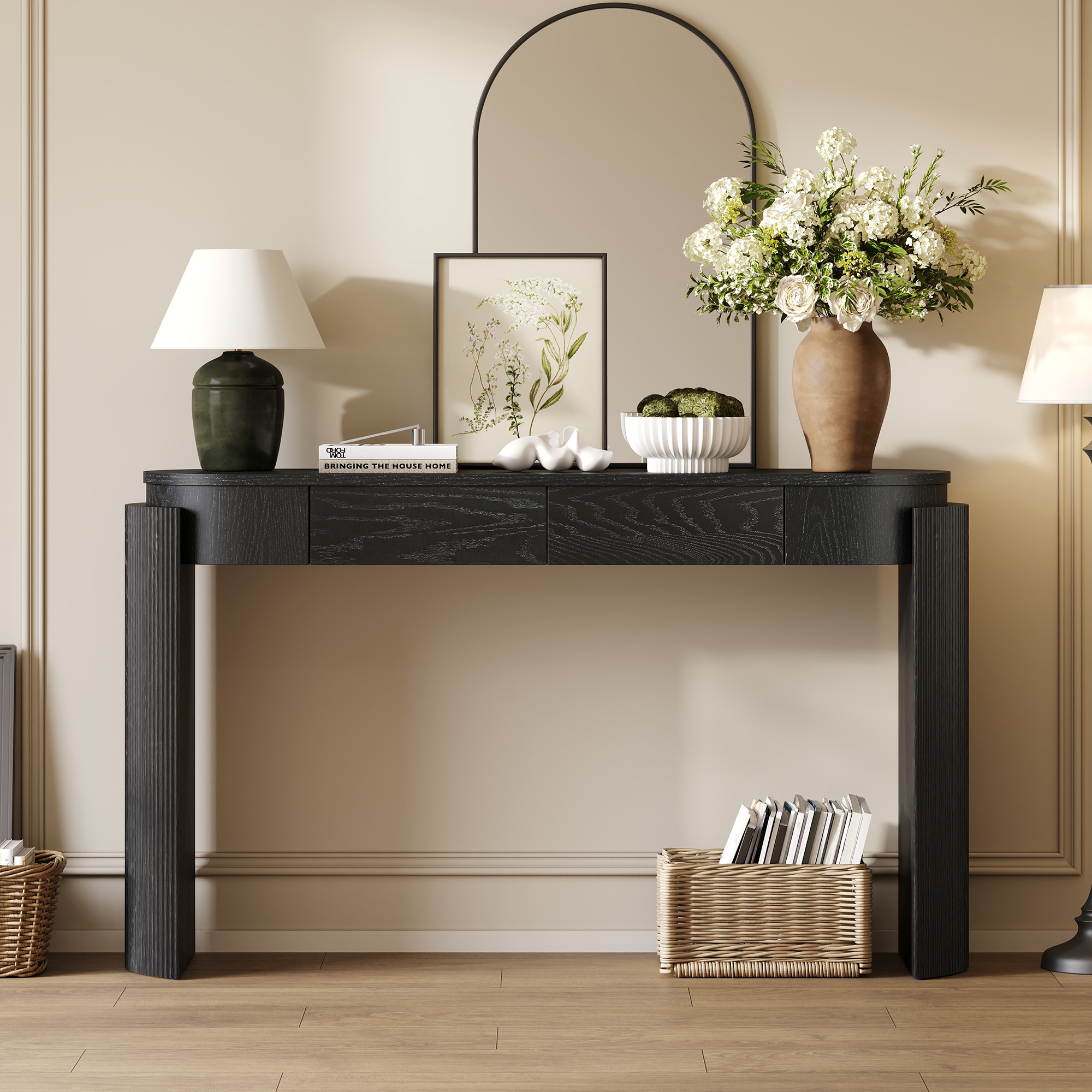 TREXM Entryway Table With Natural Wood Grain Finish  Console Table With Fluted Design  Oval Top And 2 Drawers For Entryway And Living Room  Black