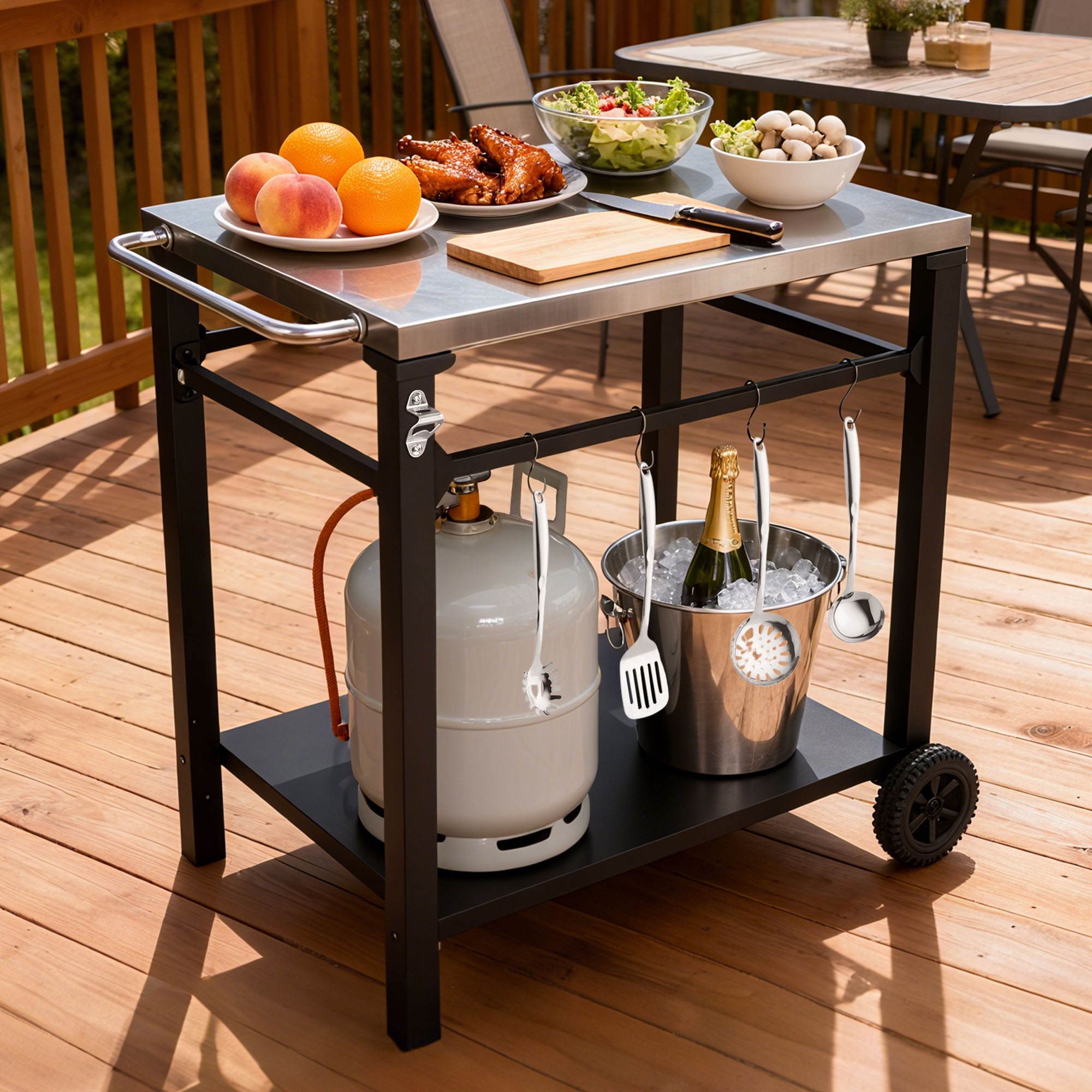 Carro para parrilla de 2 niveles, exterior, acero inoxidable, ruedas grandes, negro