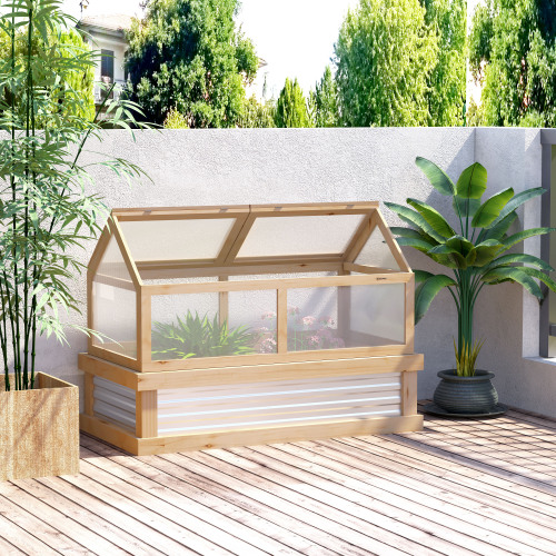 Outsunny Cama de jardín elevada con invernadero de policarbonato, madera, natural