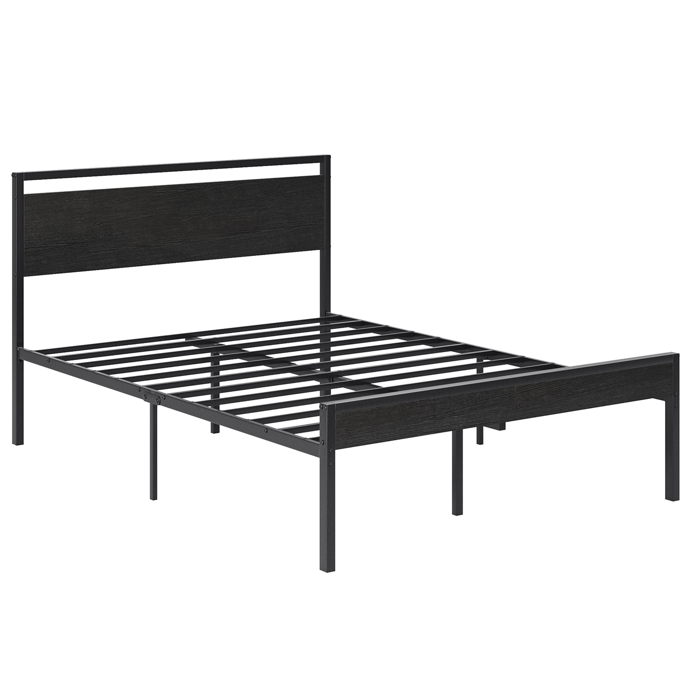 Cama de plataforma de metal resistente con cabecera de madera, soporta 1000 libras y almacenaje.