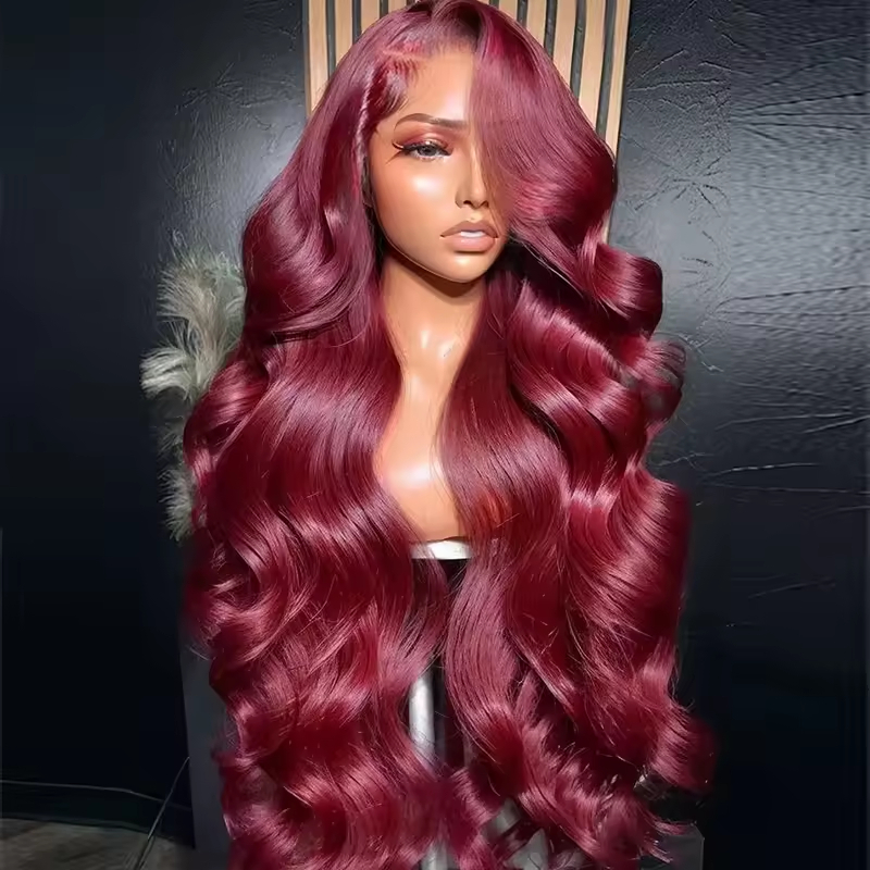 Peluca de cabello humano 13x6 Lace Wig, color borgoña