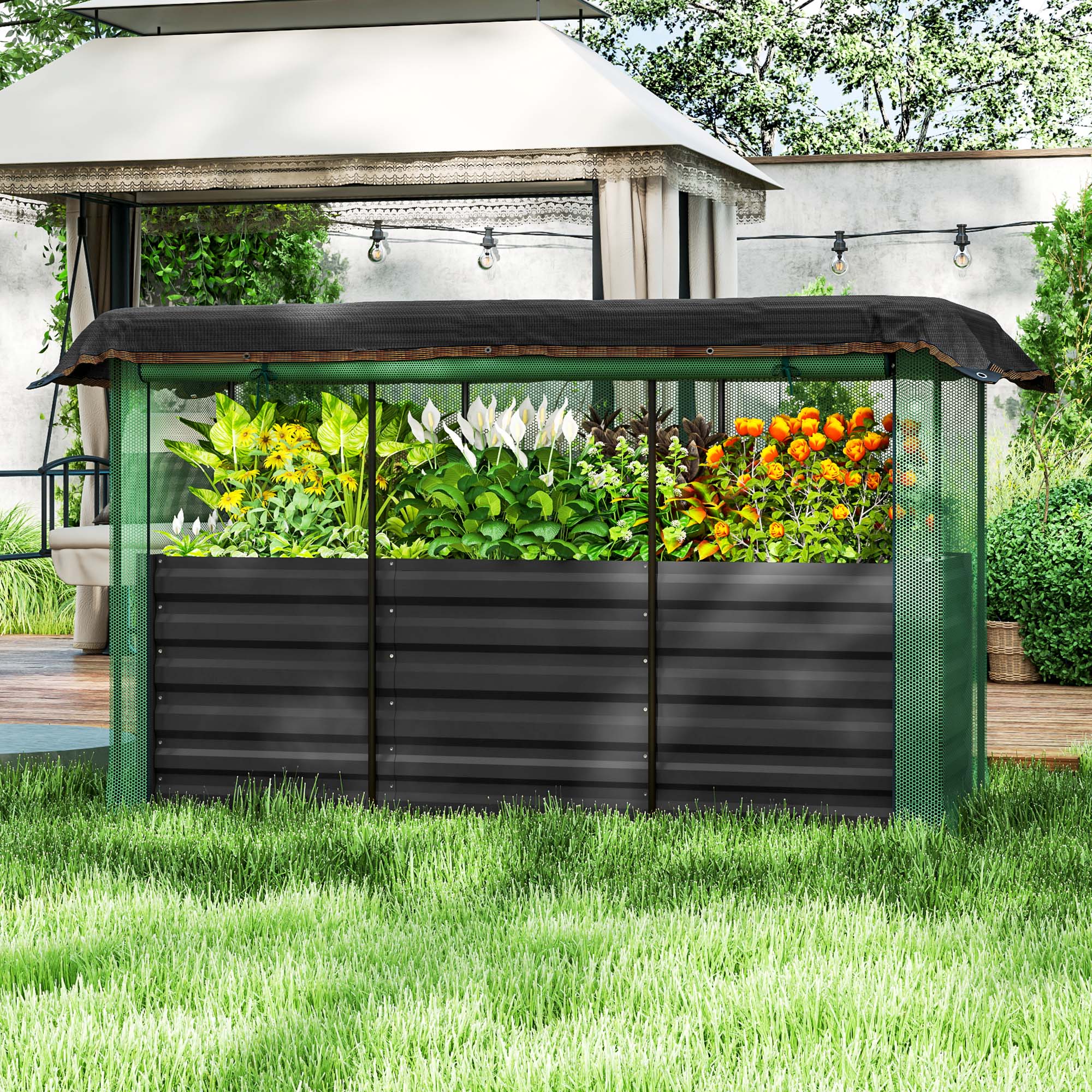 Jardinera elevada de acero galvanizado con jaula para cultivos y malla de sombra, Gris Oscuro