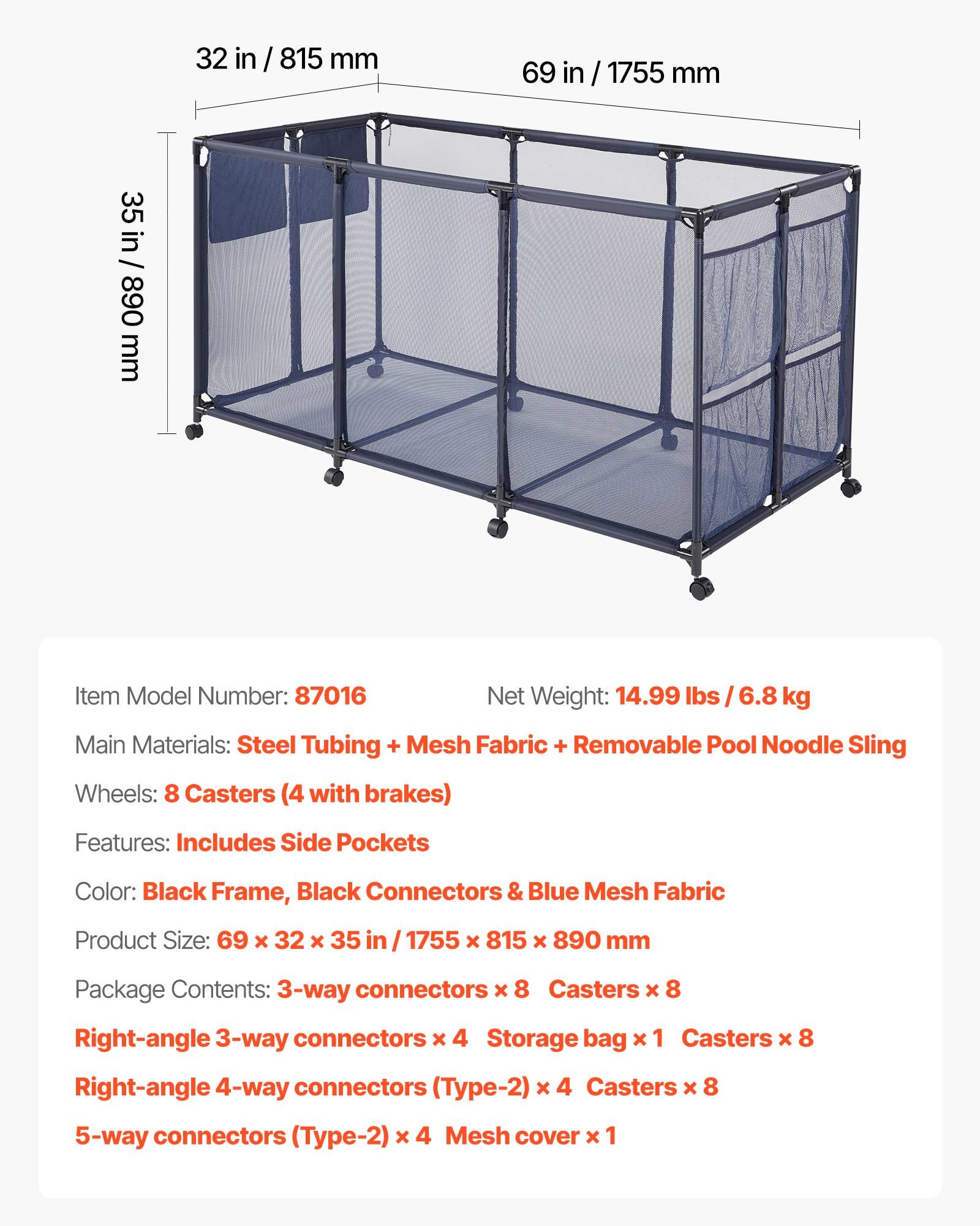 Pool Storage Bin, 69 X 32 X 35 In, Rolling Pool Float Storage Organizer With Side Pockets & Noodles Holder, Durable Metal Frame, Poolside Toys Breathable Mesh Basket For Swimming Pools