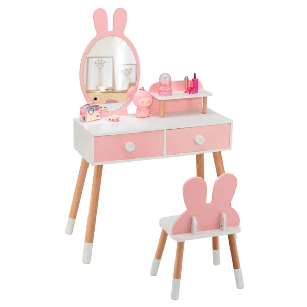 Set de tocador infantil 2 en 1 rosa, con espejo desmontable, estante y cajones, para niñas