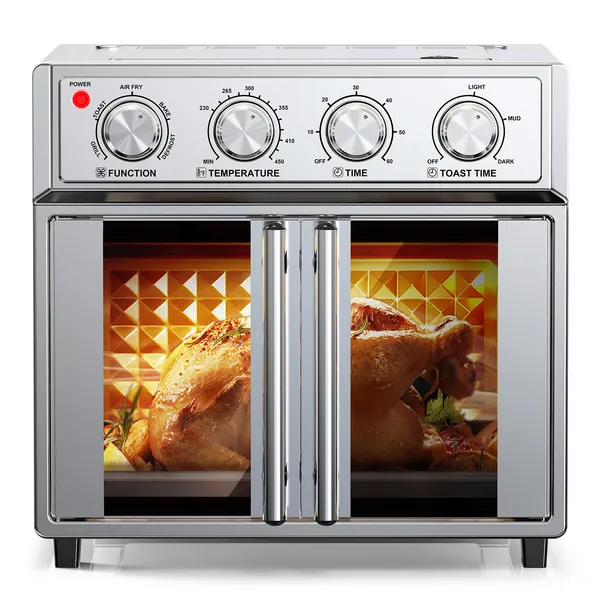 PlumChef 29.5 QT French Door Air Fryer Convection Toaster Oven, Extra Large 6 Slices, 1700W, Multifunction Oven For Air Fryer, Toast, Grill, Defrost, Bake, Time And Temperature Controls, Silver