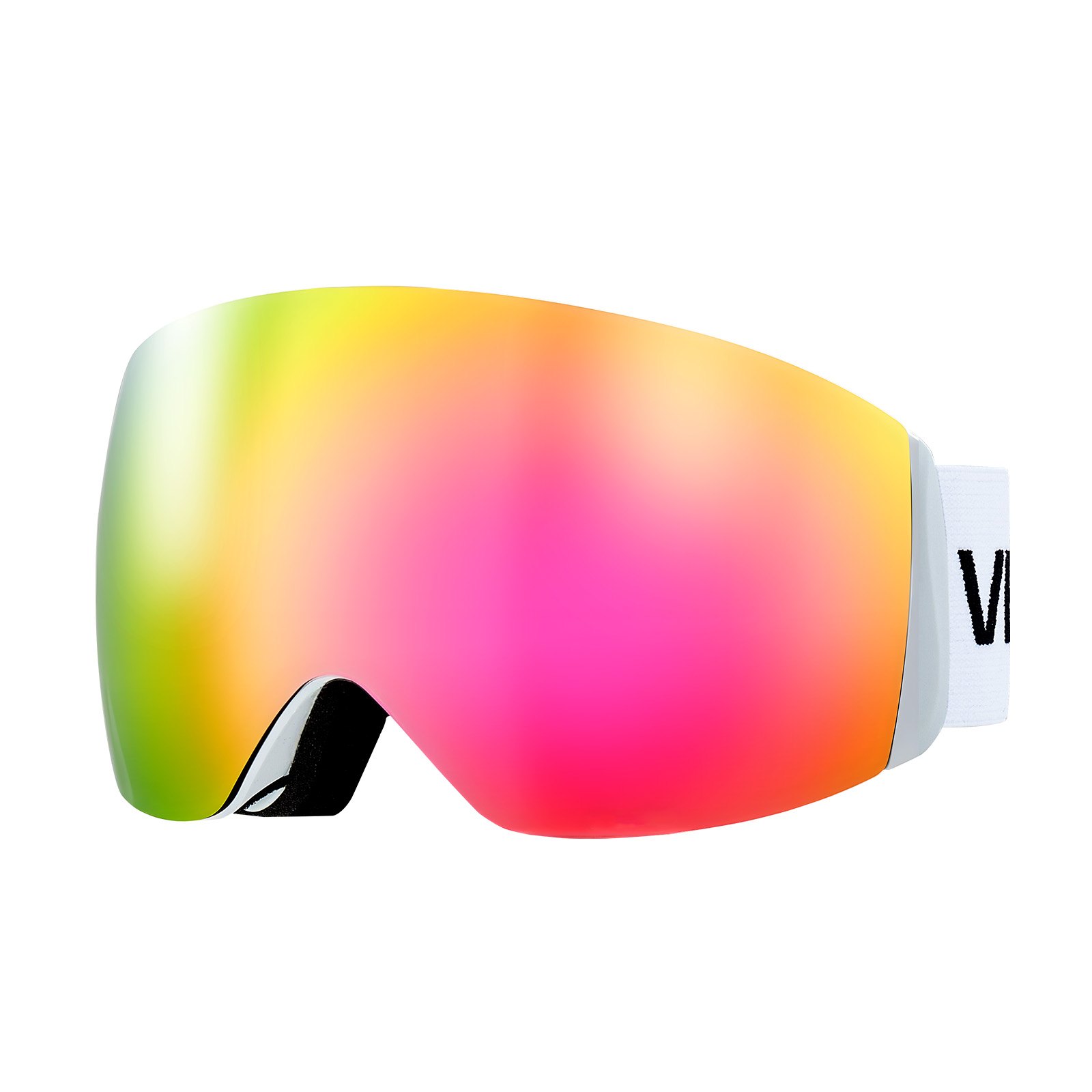 Gafas de esquí sin montura, lente esférica con revestimiento Revo rosa y anti-niebla.
