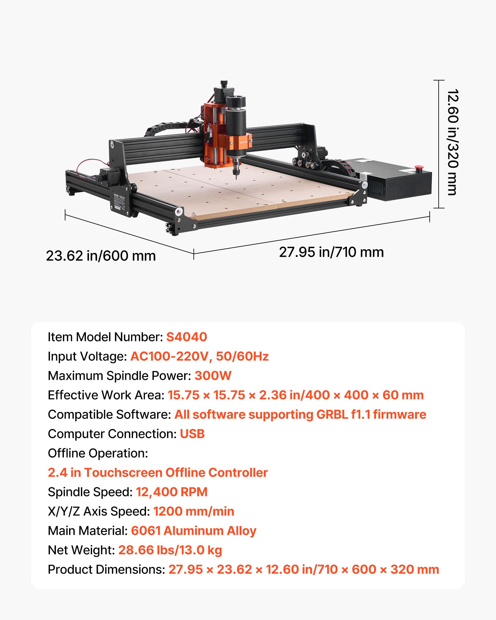 Máquina enrutadora CNC 300W, 3 ejes, área de trabajo 40x40x6 cm, con controlador.