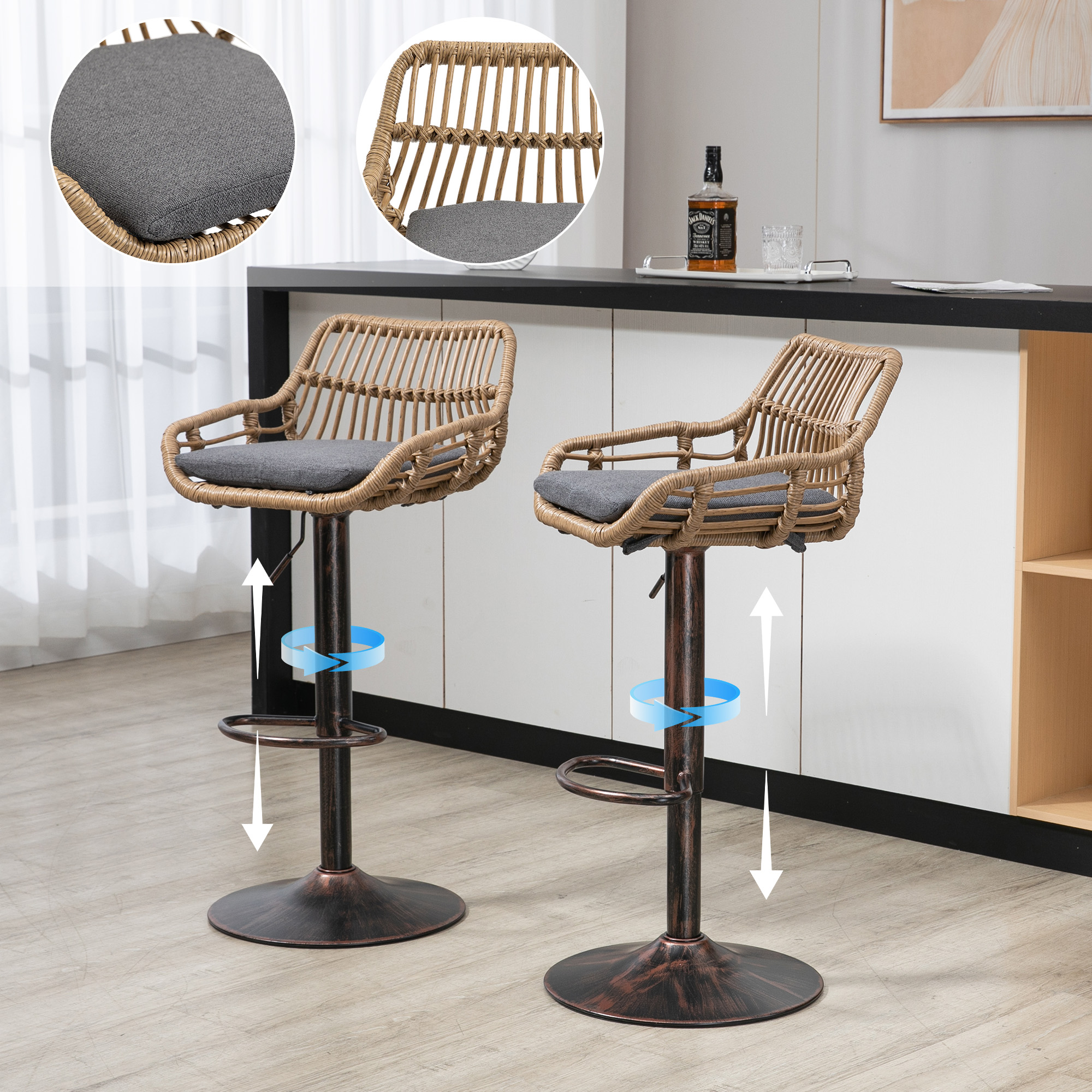 Modern Swivel Bar Stools Set Of 2 Adjustable Counter Height Chairs With Footrest For Kitchen, Dining Room  Gray