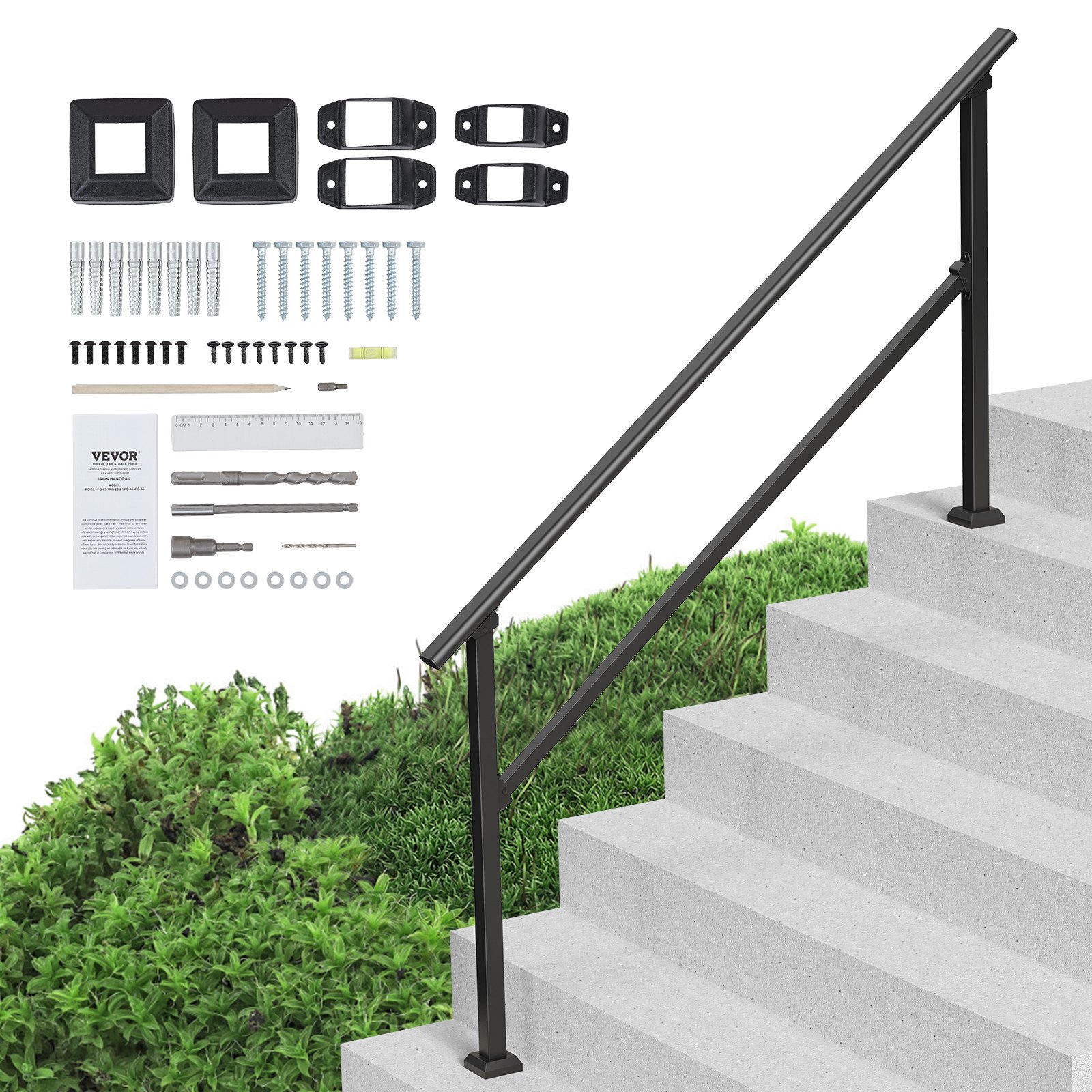 Handrails For Outdoor Steps, 5 Step Stair Hand Rail Kit, Transitional Carbon Steel Railings With Installation Kit, Stair Rails For Seniors, Concrete Steps & Porch & Deck, Black Square Tube