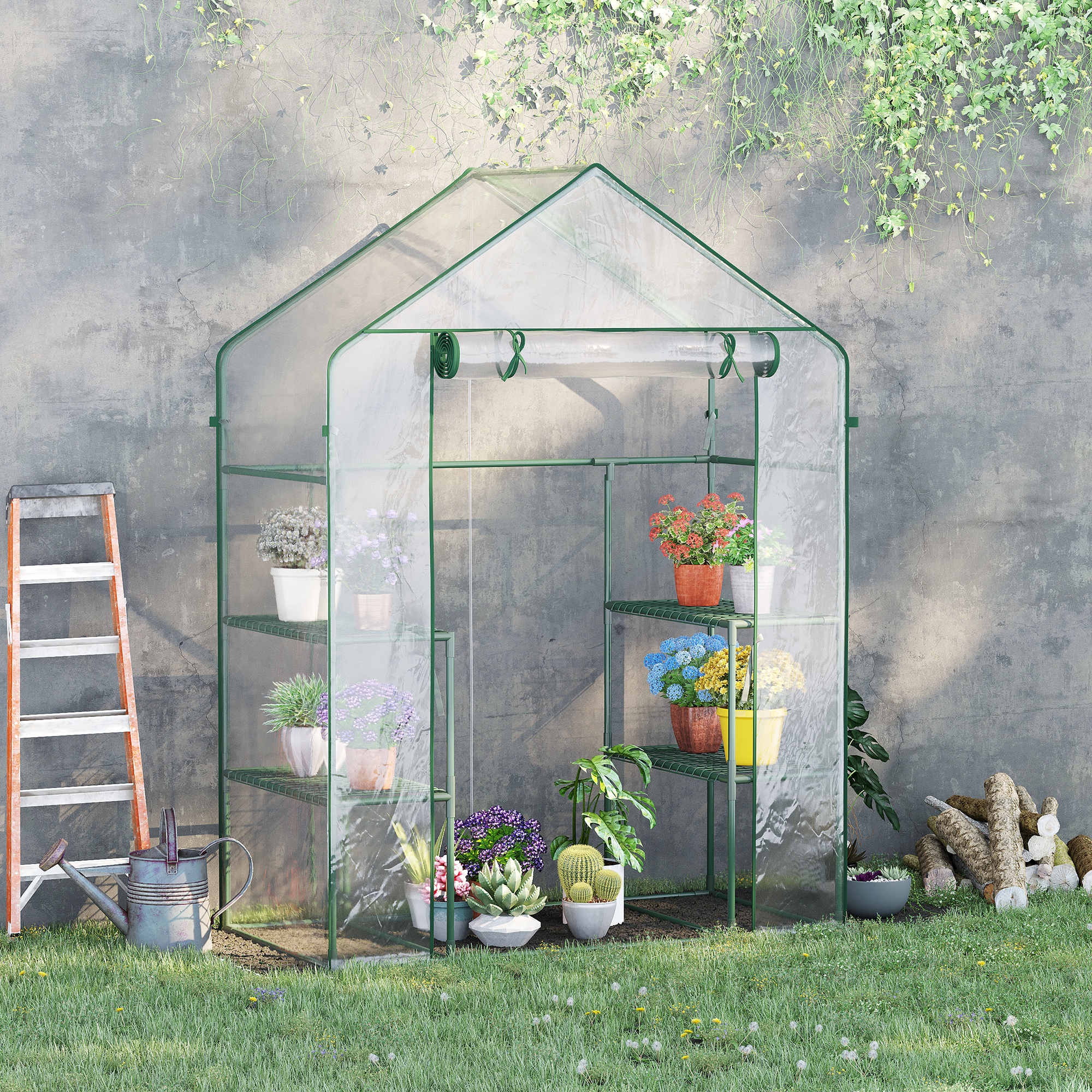 5 x 2.5 x 6.5 Mini Walk-in Greenhouse Kit, Portable Green House with 3 Tier Shelves, Roll-Up Door, and Weatherized Plastic Cover for Backyard Garden, Clear