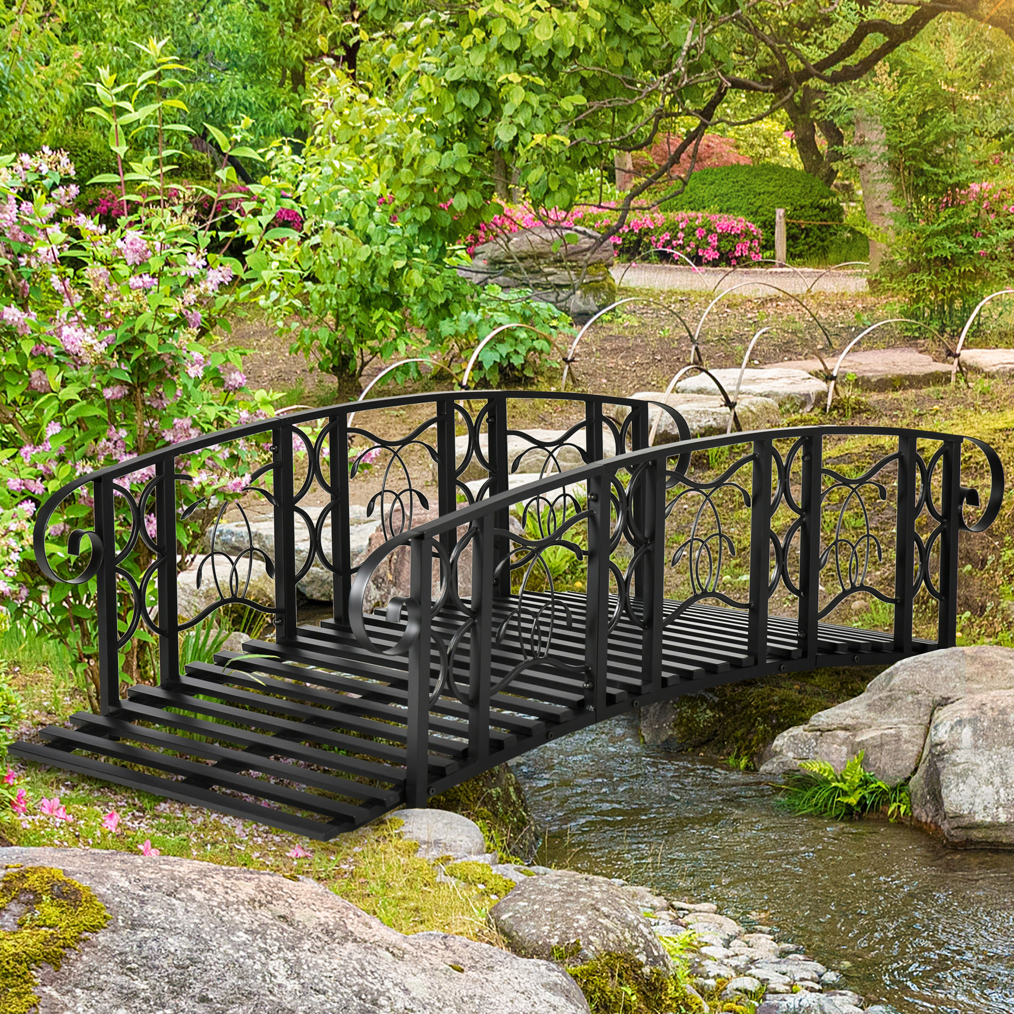 6 Metal Arch Backyard Garden Bridge with 660 lbs. Weight Capacity, Safety Siderails, Vine Motifs, Easy Assembly for Backyard Creek, Stream, Pond, Black