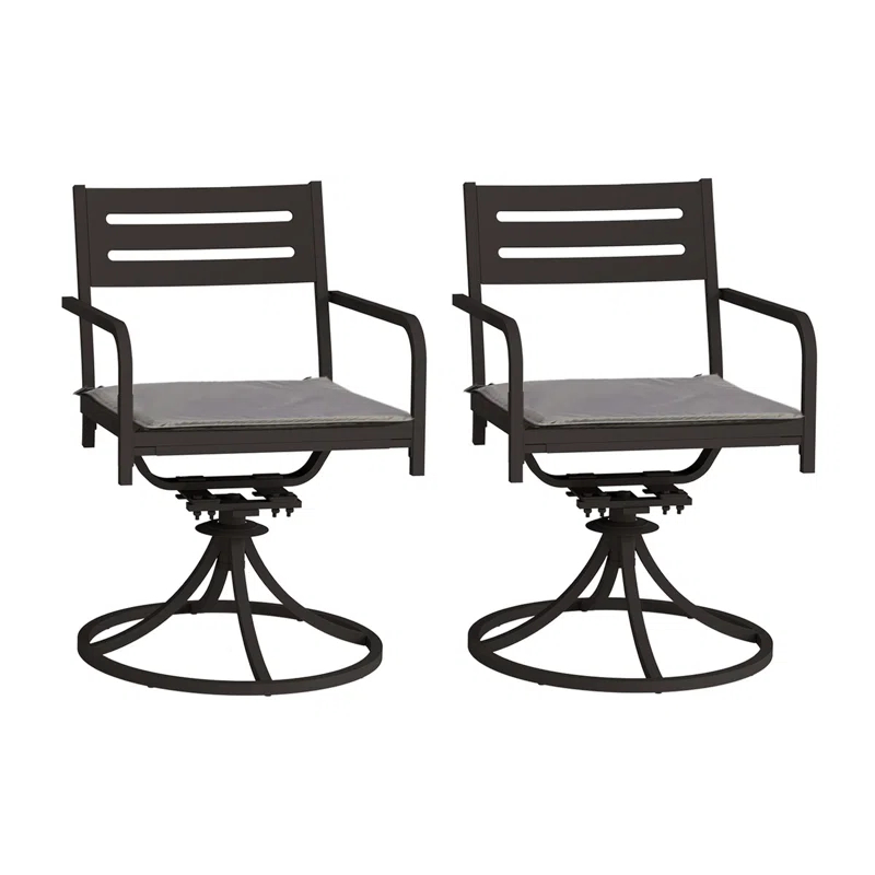 Set Of 2 Powder-Coated Steel 360 Swivel Outdoor Dining Chairs With All-Weather Cushions, Black