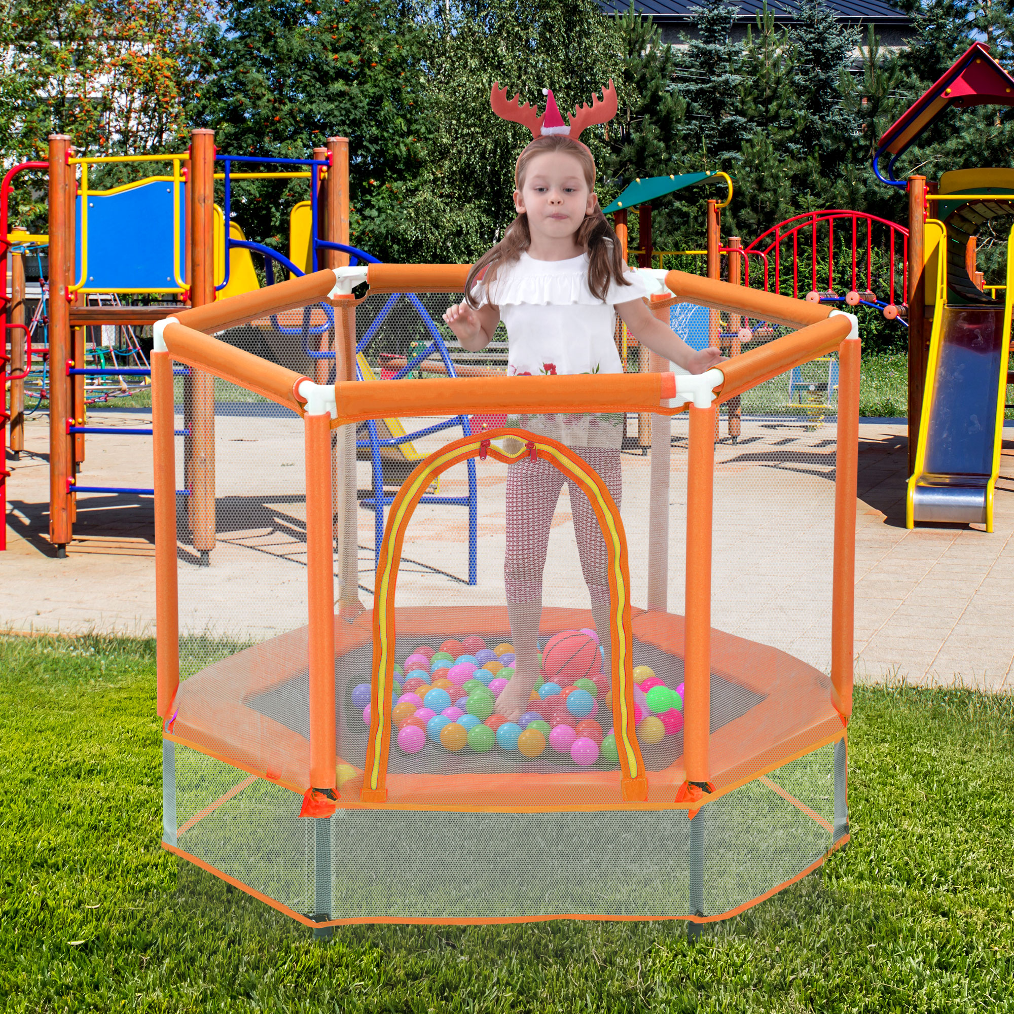 Trampolín para niños de 55 pulgadas con red de seguridad y pelotas, interior/exterior