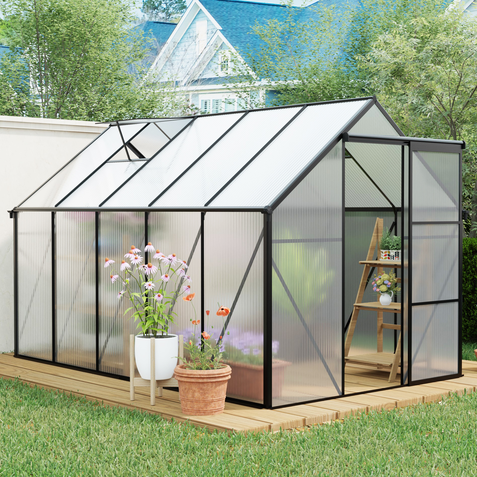 Invernadero de policarbonato 6x10 pies, base elevada, aluminio resistente, para exterior.