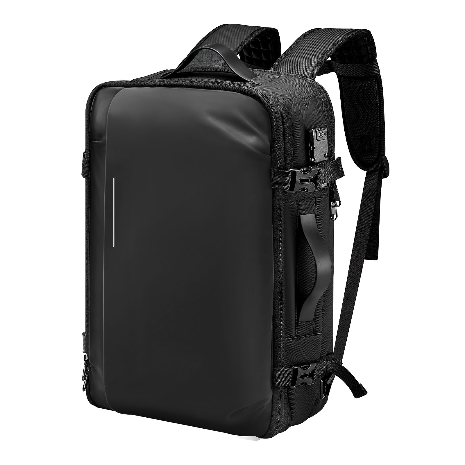 Mochila de viaje 65L con compresión al vacío, expandible, resistente al agua, negra