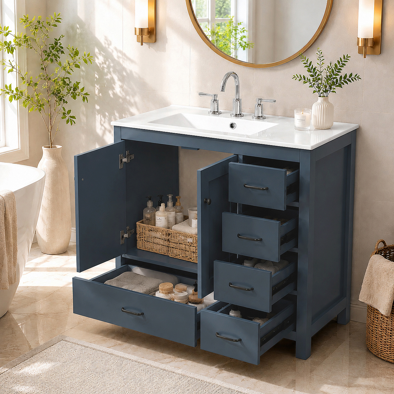 36" Blue Bathroom Vanity with Ceramic Sink Combo, Abundant Storage Cabinet -2 Soft-close doors and 5 drawers(old SKU:N729P183735C)