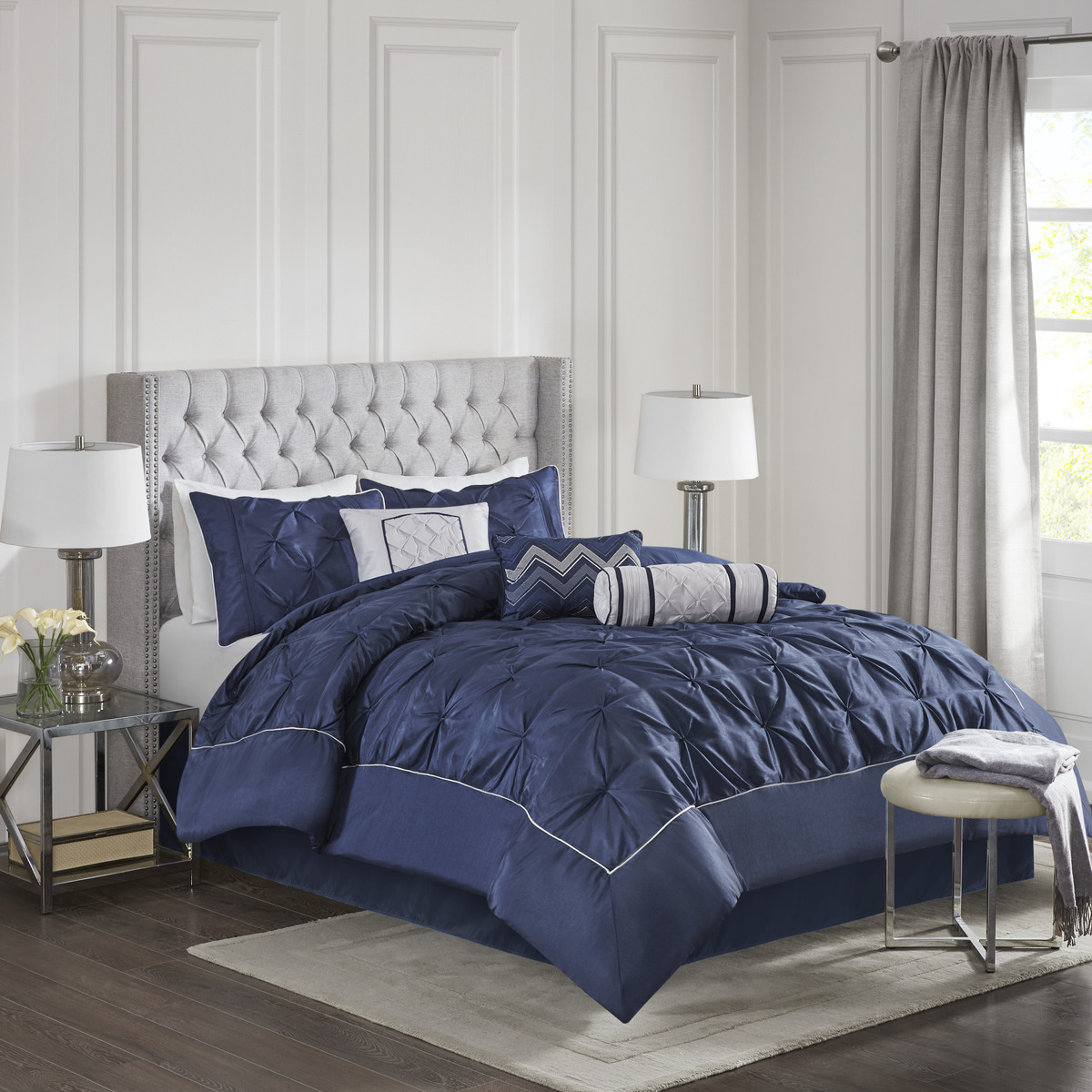 7 Piece Tufted Comforter Set Navy King