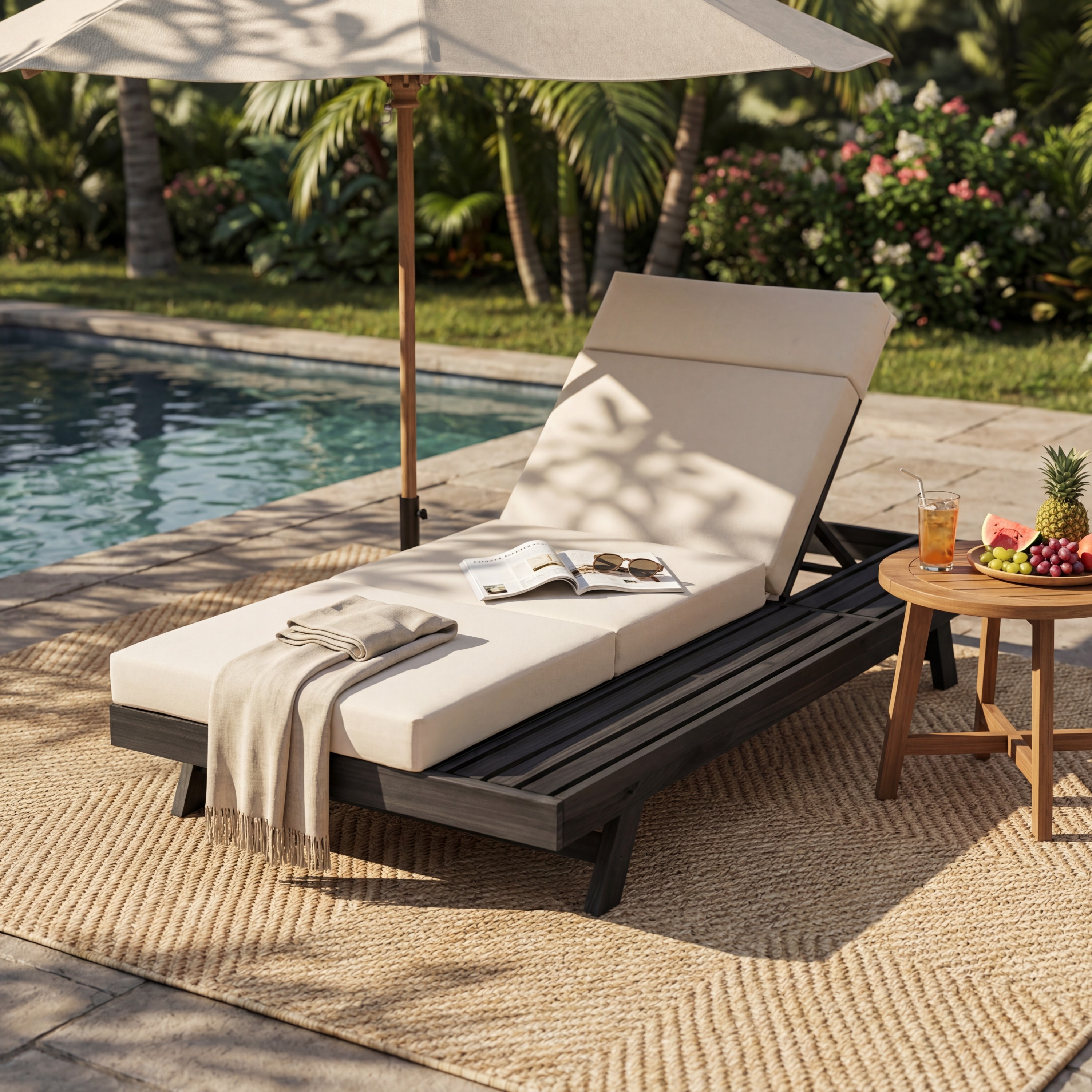 Lounge Chaise Set With Headrest, Space Available On One Side, Acacia Wood In Black With Water-Resistant Lounge Cushions  Beige & 3-Fold & 4 Inch  -Matching Dark Grey Cream Version Available