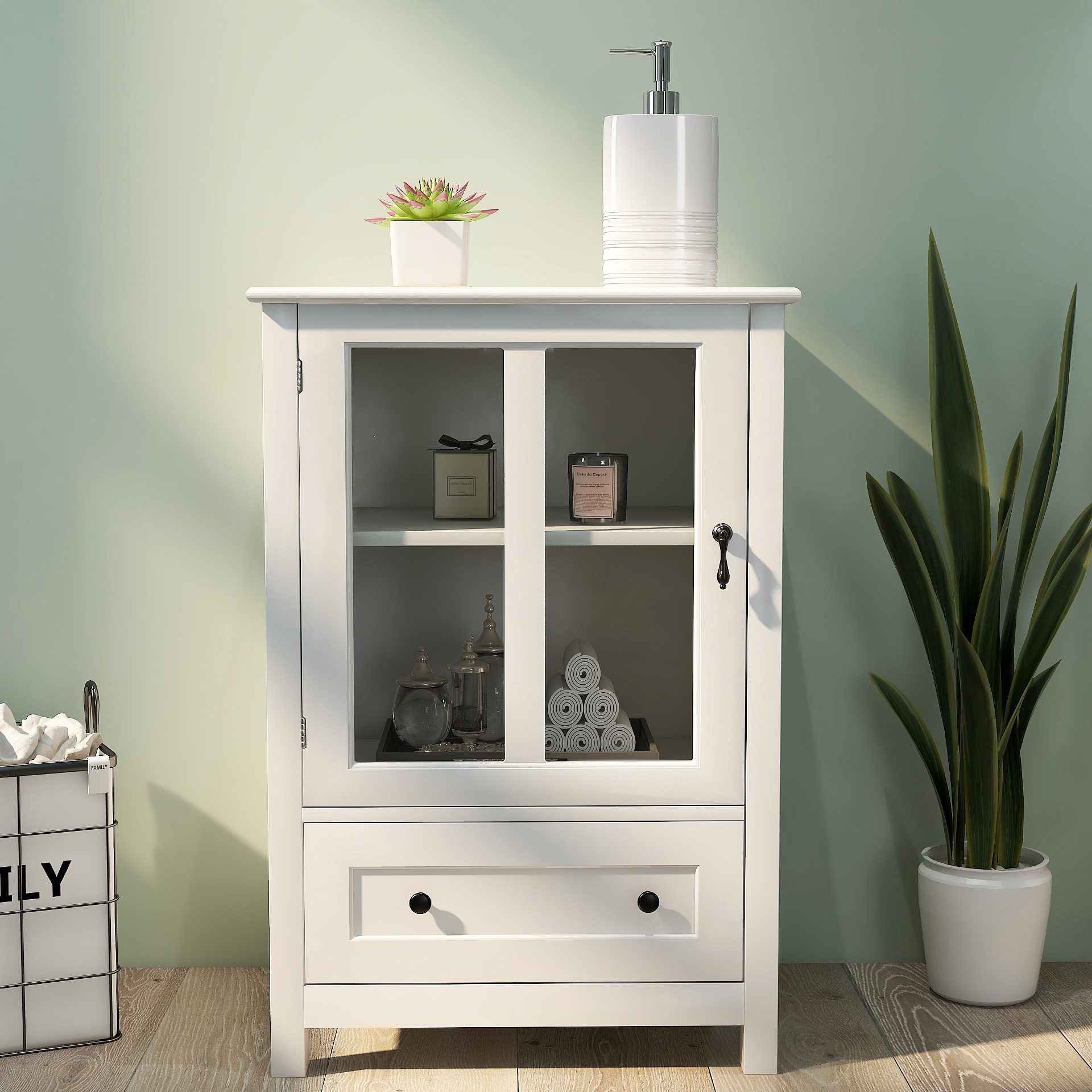 Gabinete buffet con puertas de vidrio y tirador de campana