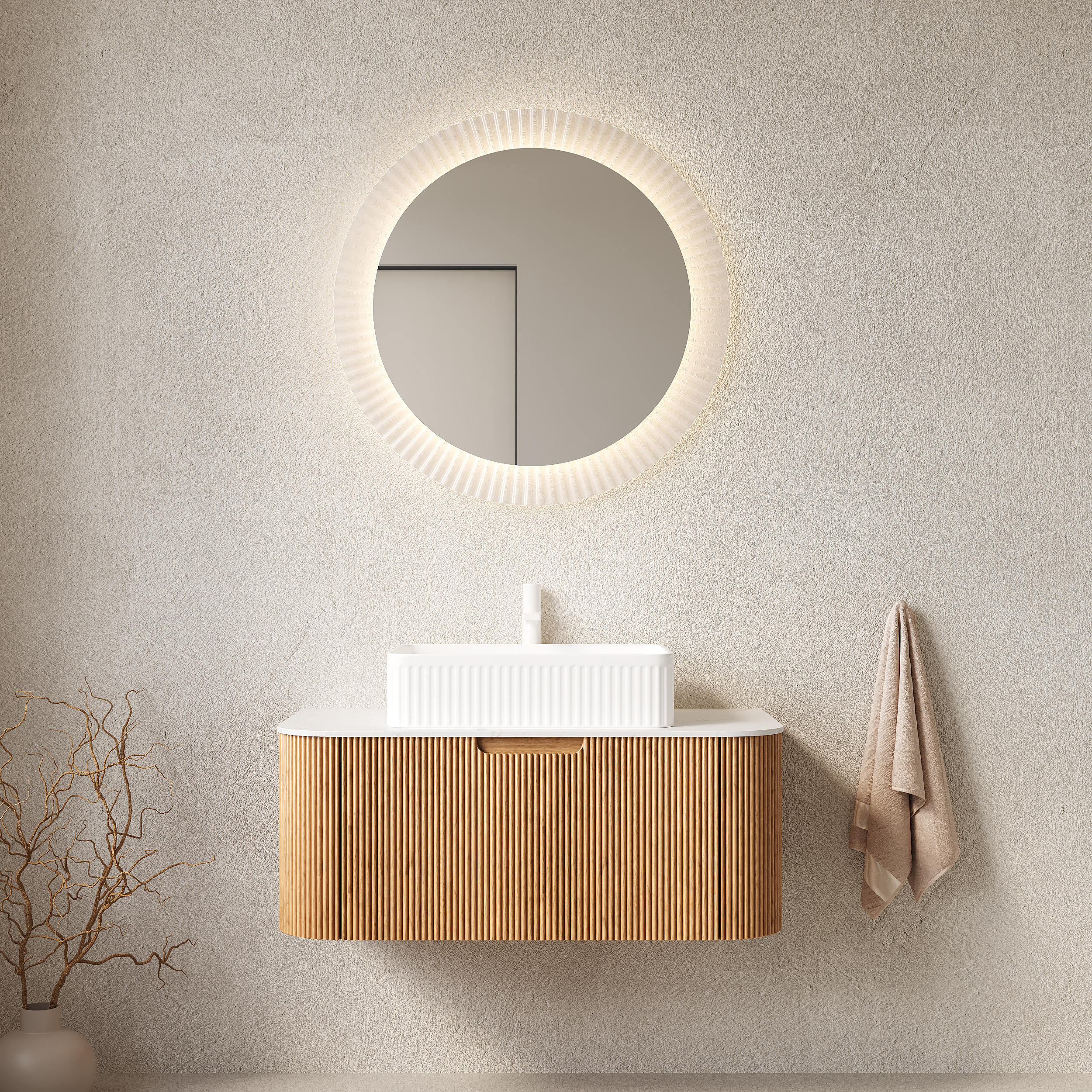 DINA 36 Bathroom Vanity With Sink, Wall-Mounted Floating Curved Edges Striped Bathroom Storage Cabinet With Drawer, White Rectangular Ceramic Basin, No Faucet, Pre-assembled, Natural Woodgrain Color