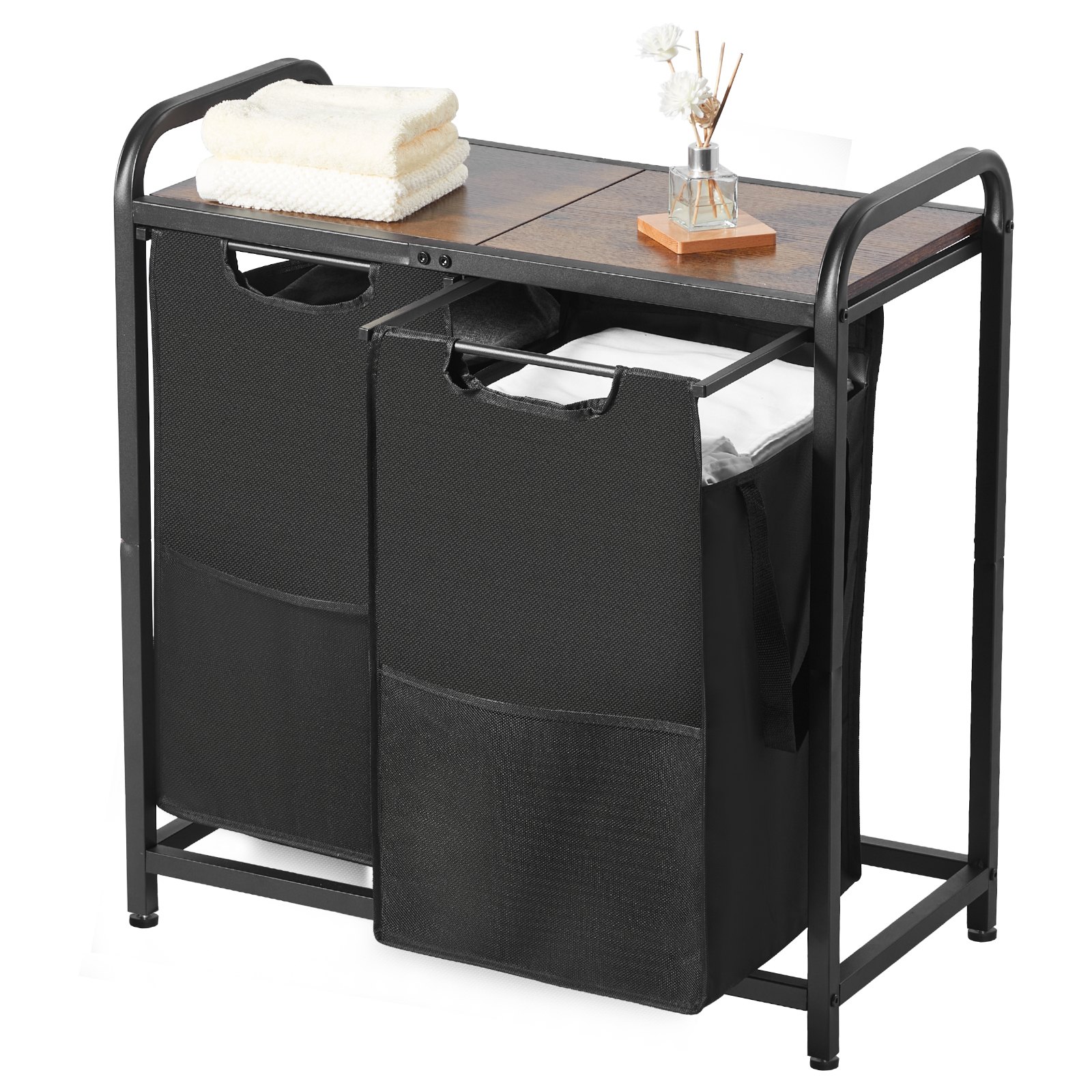 2 Section Laundry Sorter, Large Laundry Hamper With Metal Frame And Wooden Tabletop, Freestanding Storage Organizer Baskets With Pull-Out 600D Oxford Cloth Bags For Dirty Clothes, Bathroom
