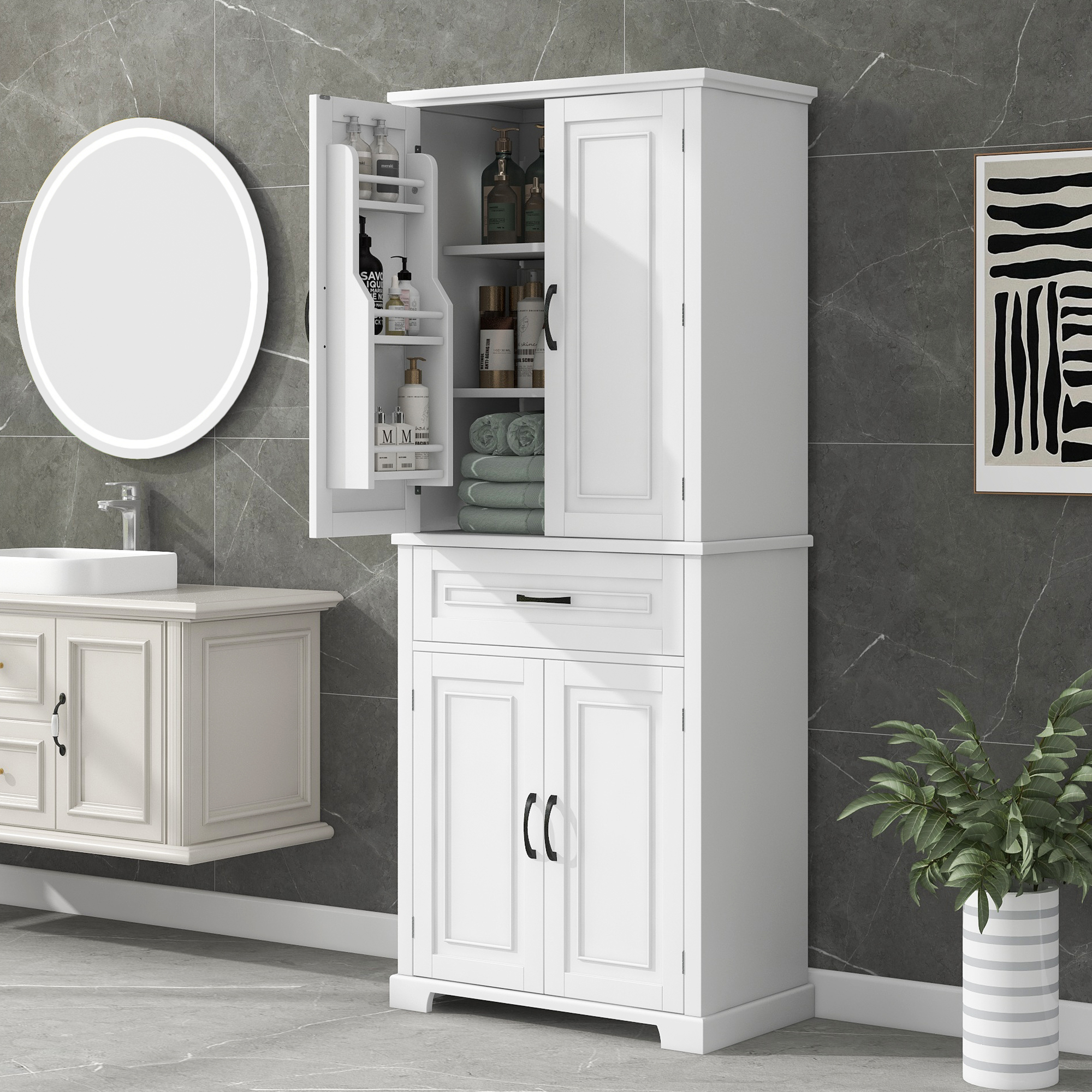 Bathroom Storage Cabinet With Doors And Drawer, Multiple Storage Space, Adjustable Shelf, White