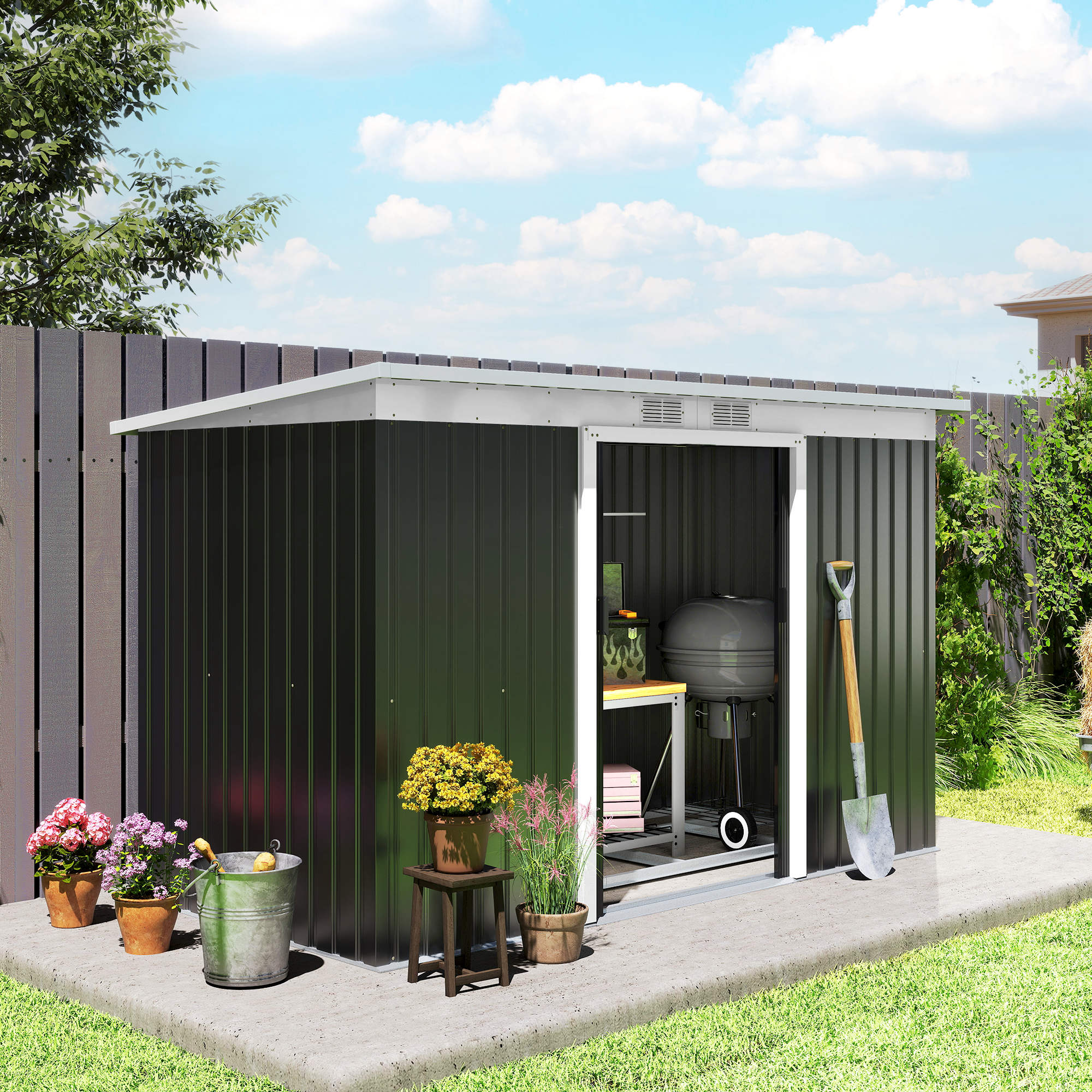 Caseta de almacenamiento de metal 9x4 para exterior con doble puerta con cerradura