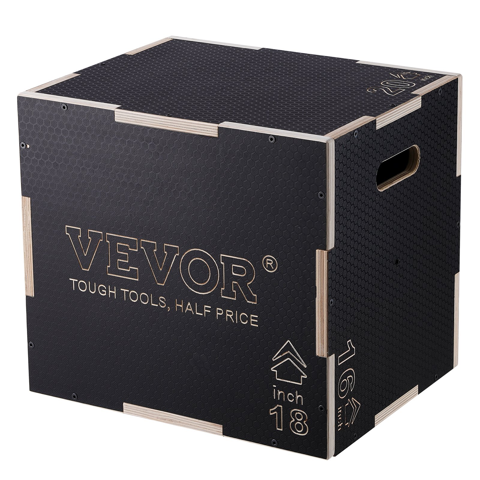 Cajón pliométrico de madera 3 en 1, 20/18/16 pulgadas, antideslizante, negro