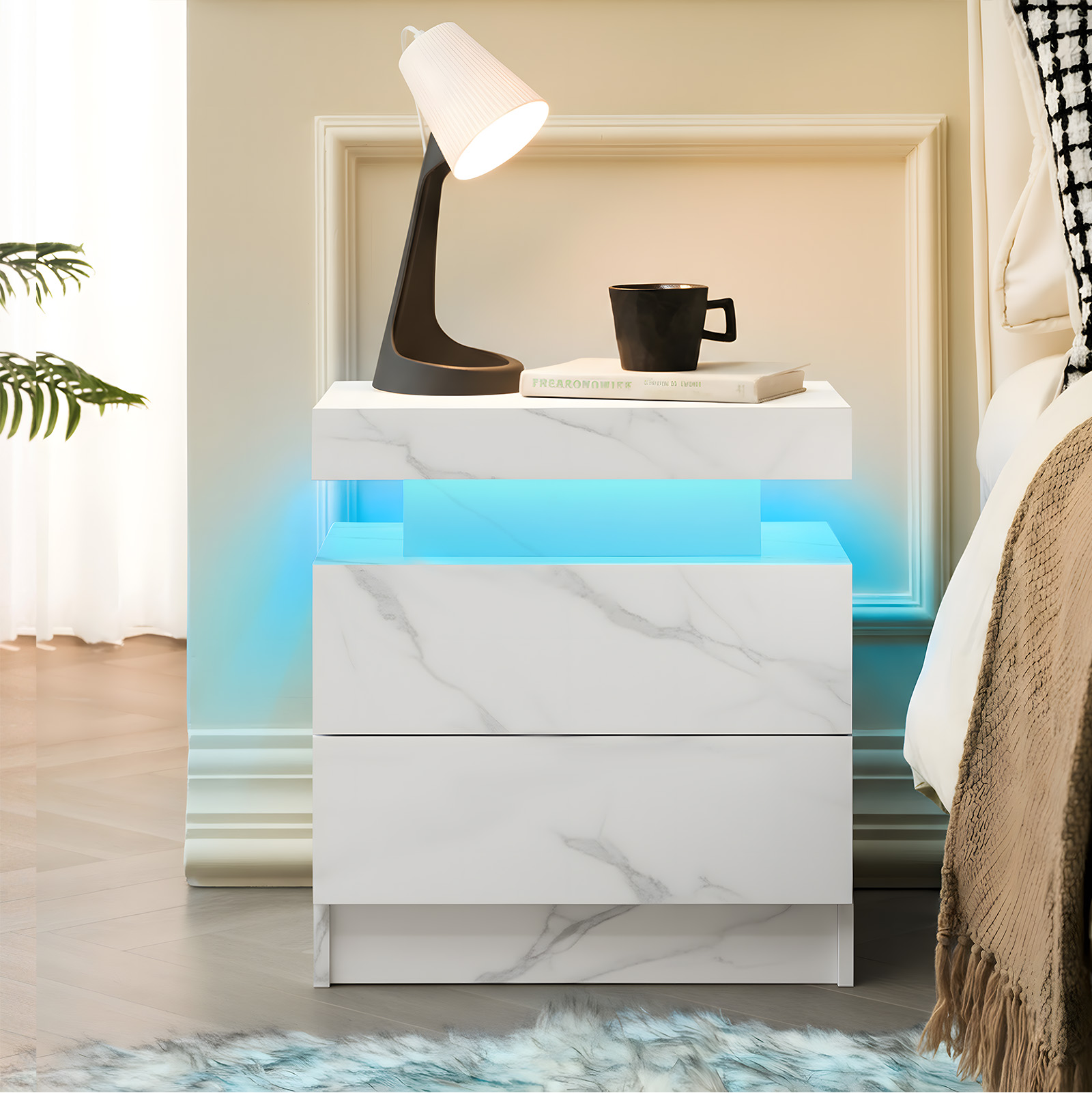 Mesa de noche con luces LED, moderna, 2 cajones, para dormitorio, blanco piedra