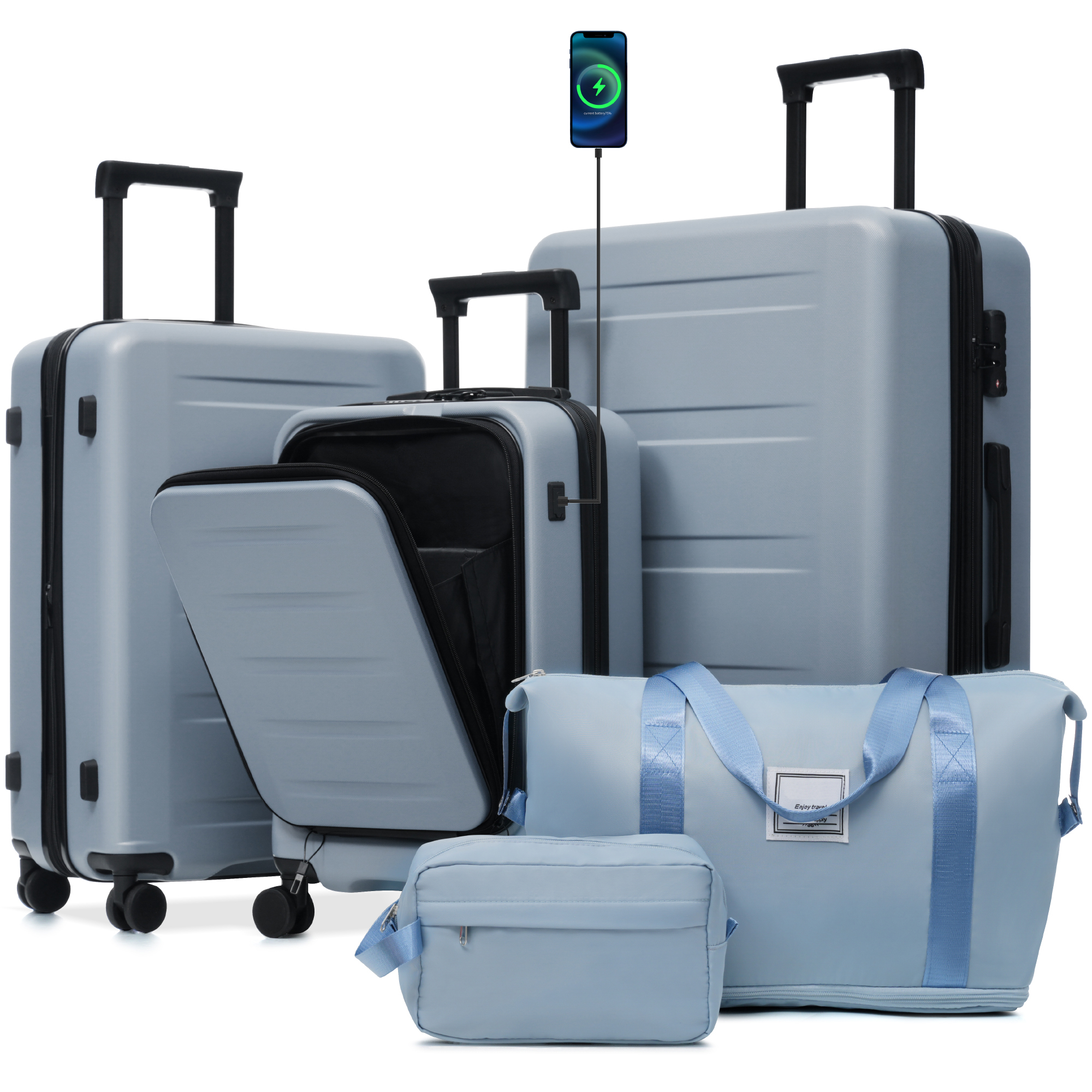 Set de maletas rígidas expandibles de 5 piezas, ruedas dobles, puerto USB, cerraduras TSA.